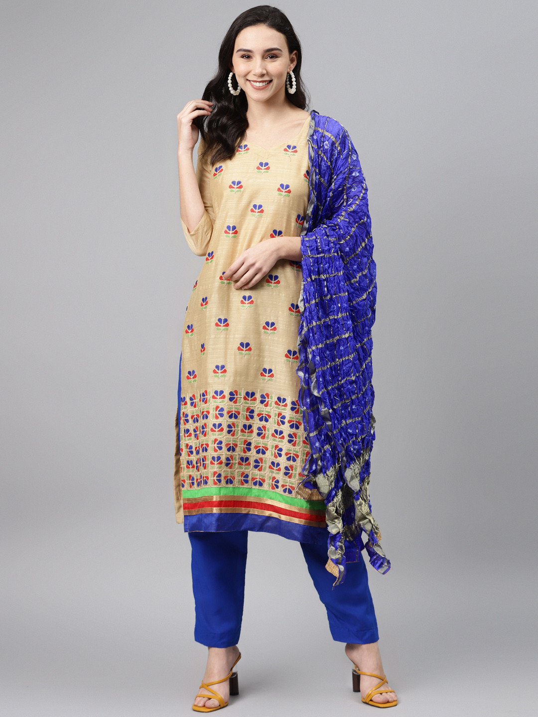 

Biba Beige & Blue Pure Kora Silk Unstitched Dress Material
