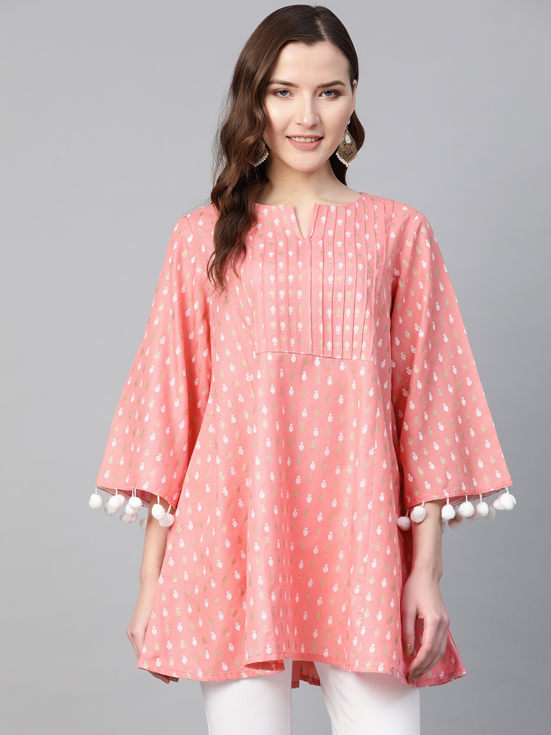 

Bhama Couture Women Peach-Coloured & White Cotton Printed Tunic