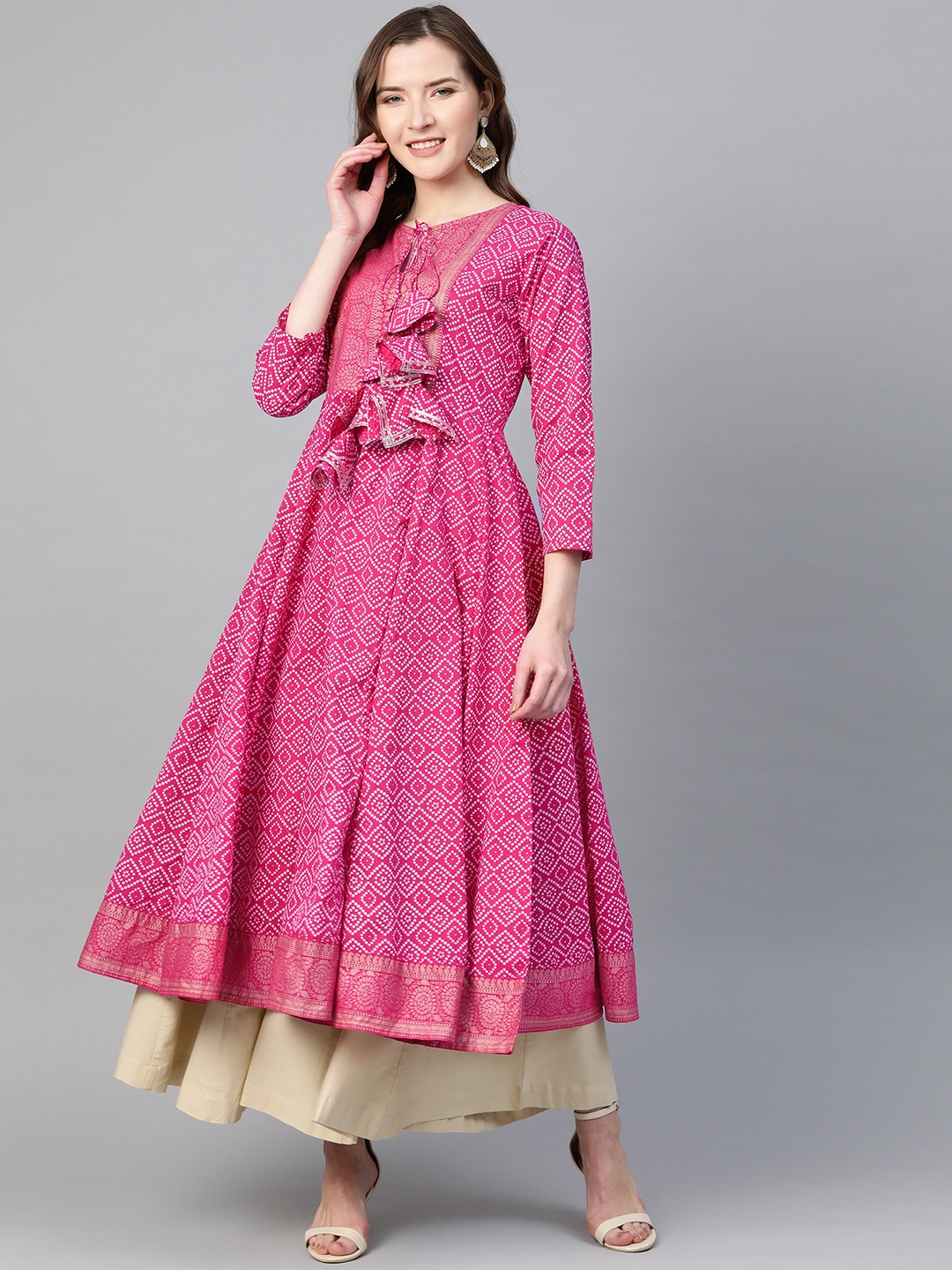 

Bhama Couture Women Pink & White Bandhani Print Anarkali Kurta