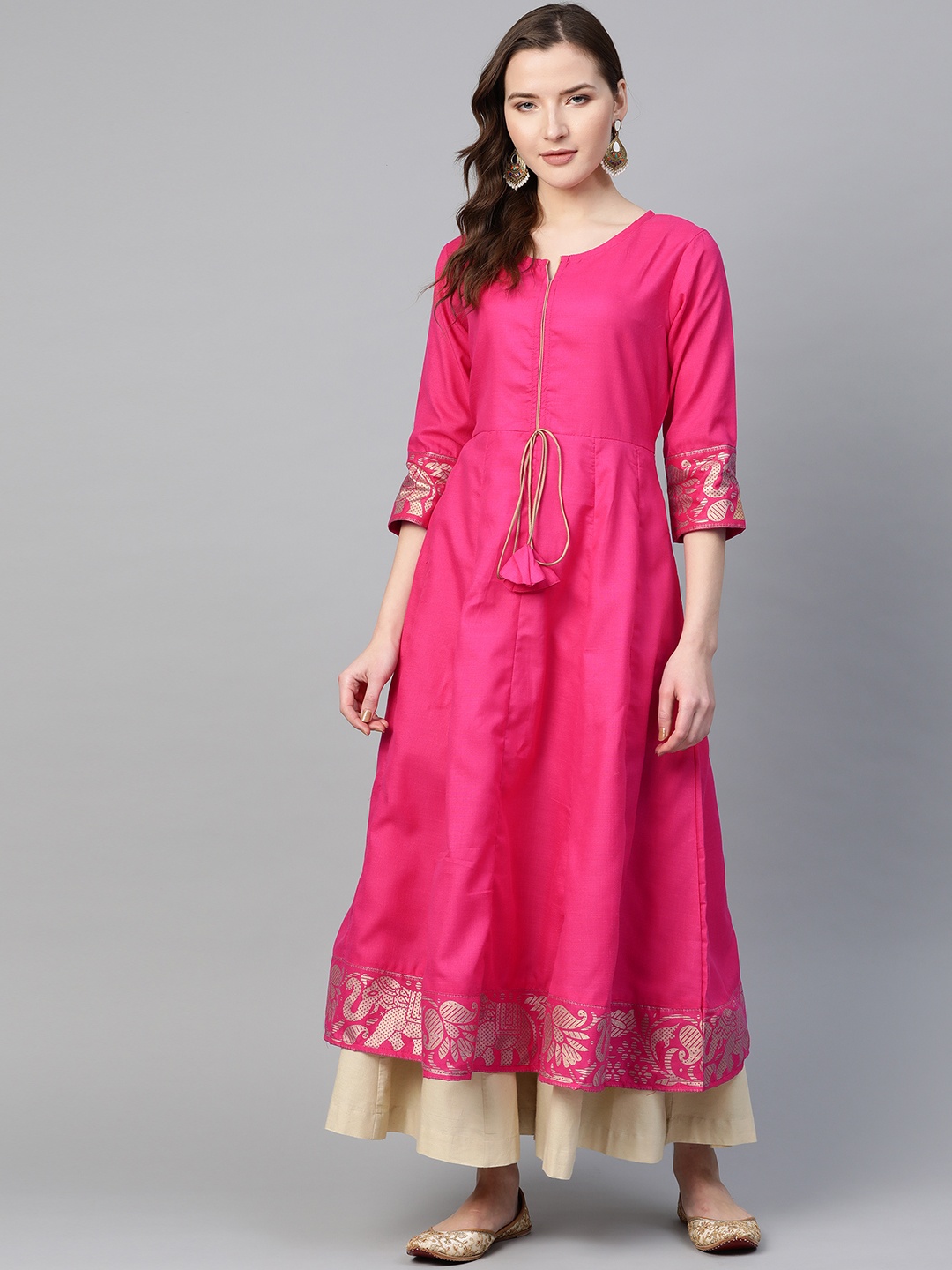 

Bhama Couture Women Pink Block Print Detail Anarkali Kurta