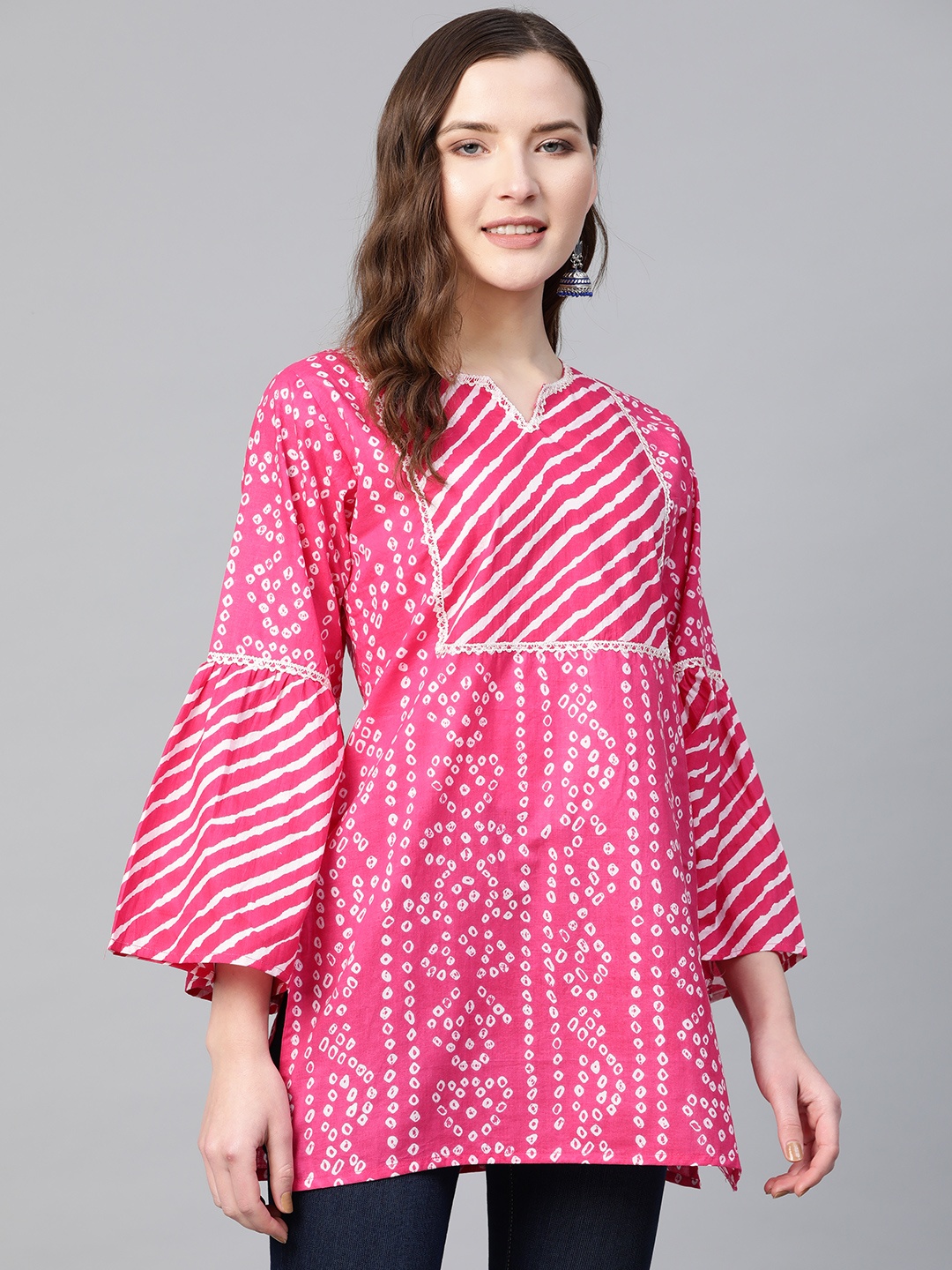 

Bhama Couture Women Pink & White Cotton Bandhani Print Tunic