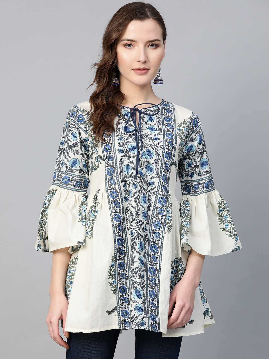 

Bhama Couture Women White & Blue Yoke Design Tunic, Off white