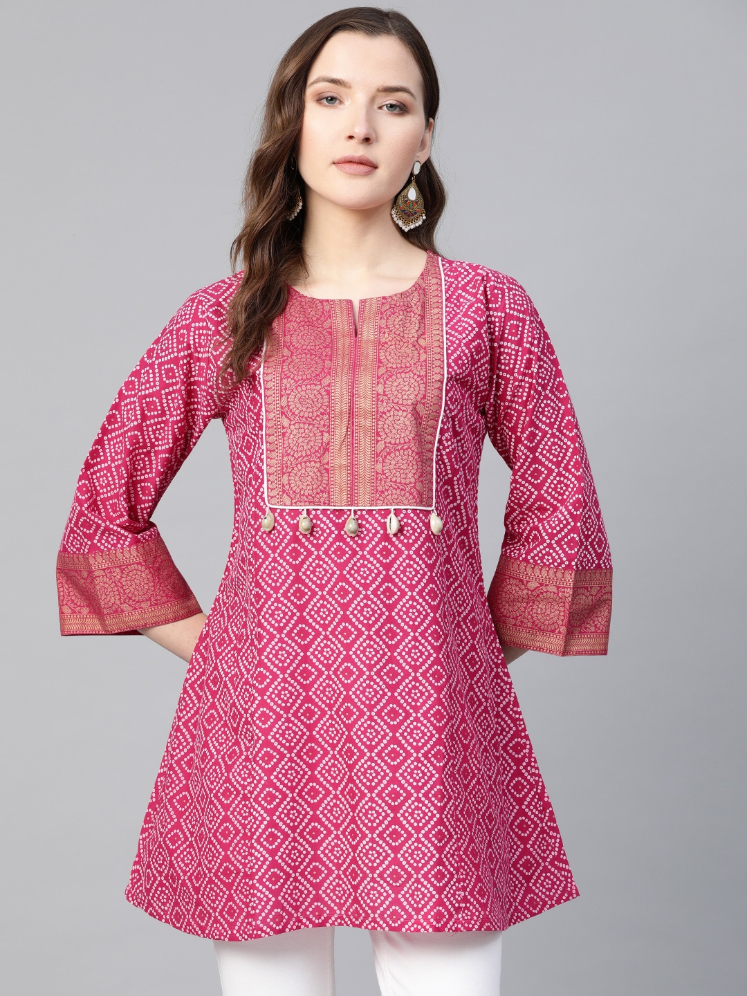 

Bhama Couture Women Pink & White Cotton Bandhani Print Tunic