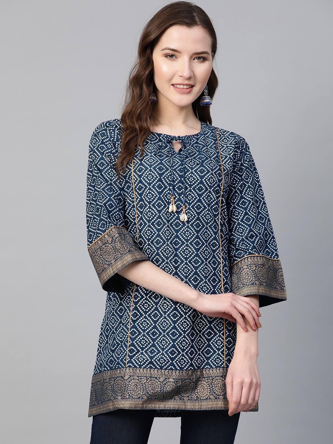 

Bhama Couture Women Navy Blue & White Bandhani Print Tunic