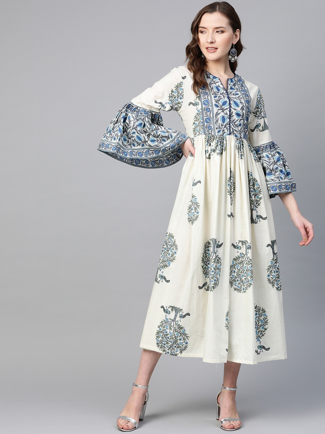 

Bhama Couture Women Off-White & Blue Printed Pure Cotton A-Line Dress