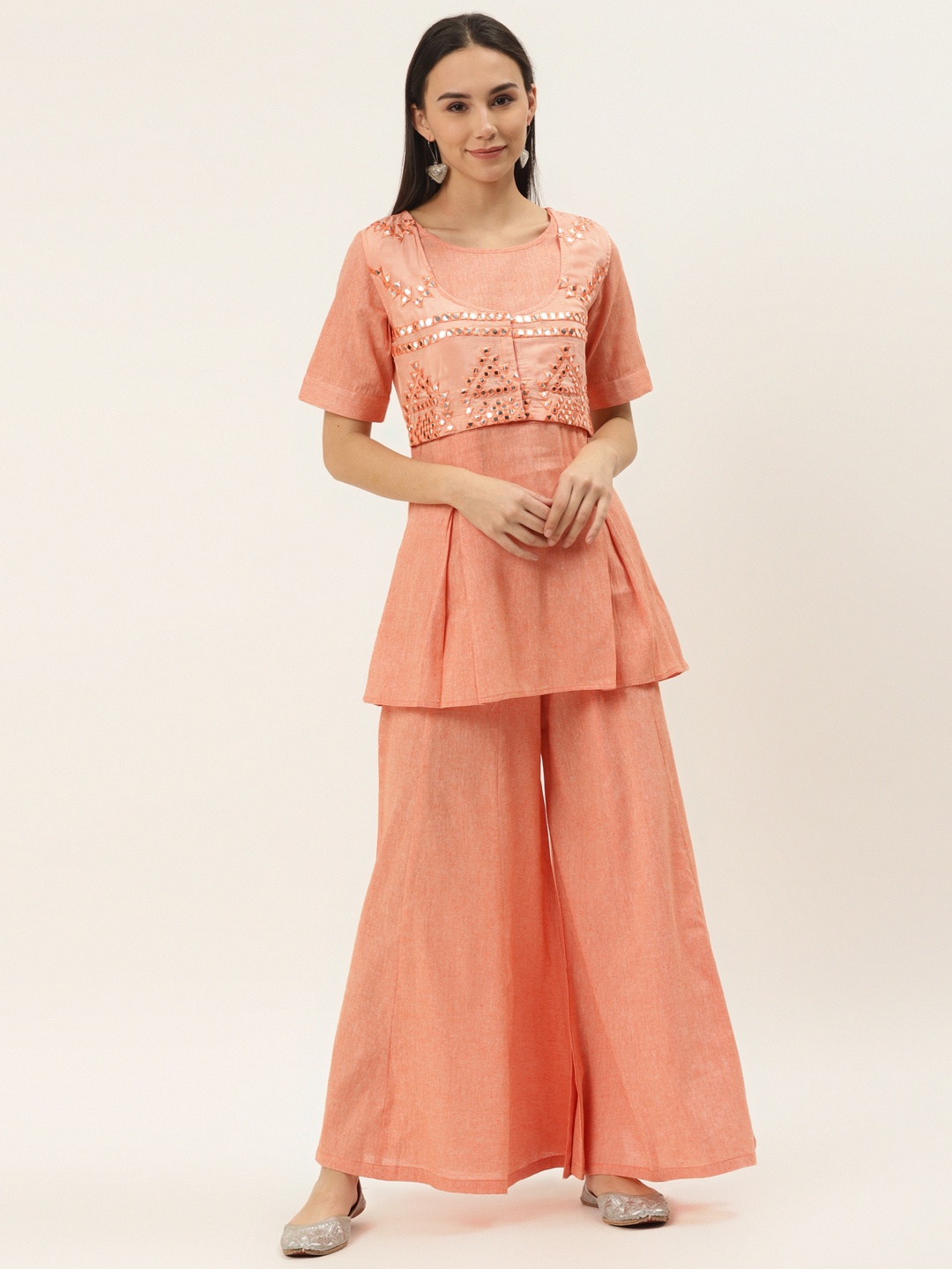 

Cottinfab Women Peach-Coloured Layered Mirror-Work Embellished Kurti with Palazzos