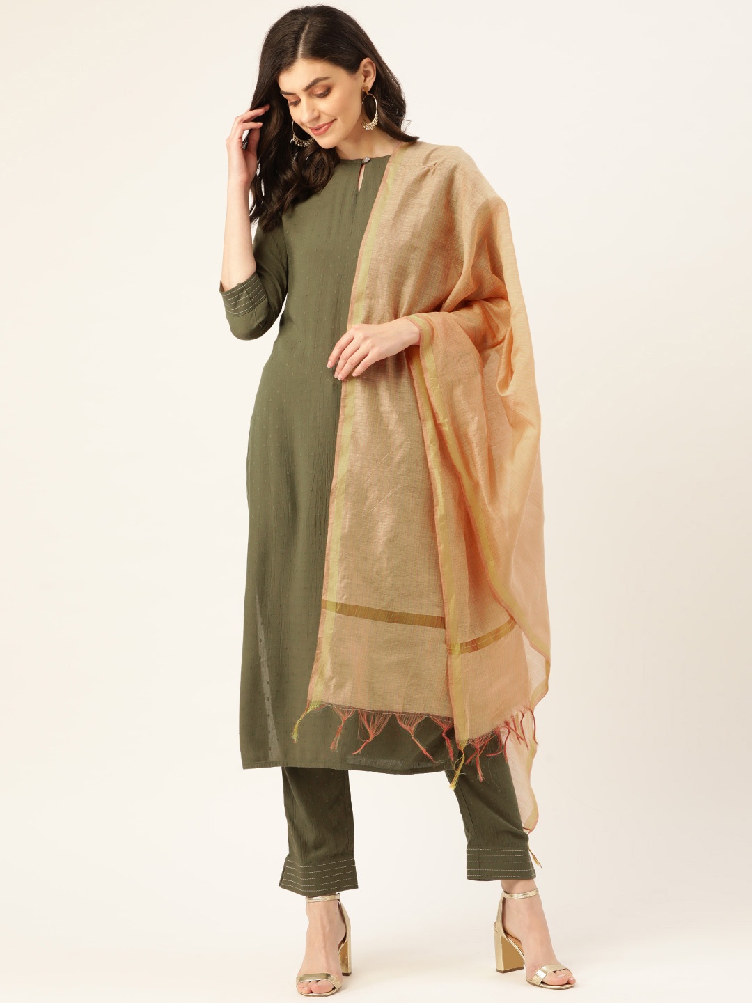 

Cottinfab Women Olive Green & Beige Dobby Weaved Kurta with Trousers & Dupatta