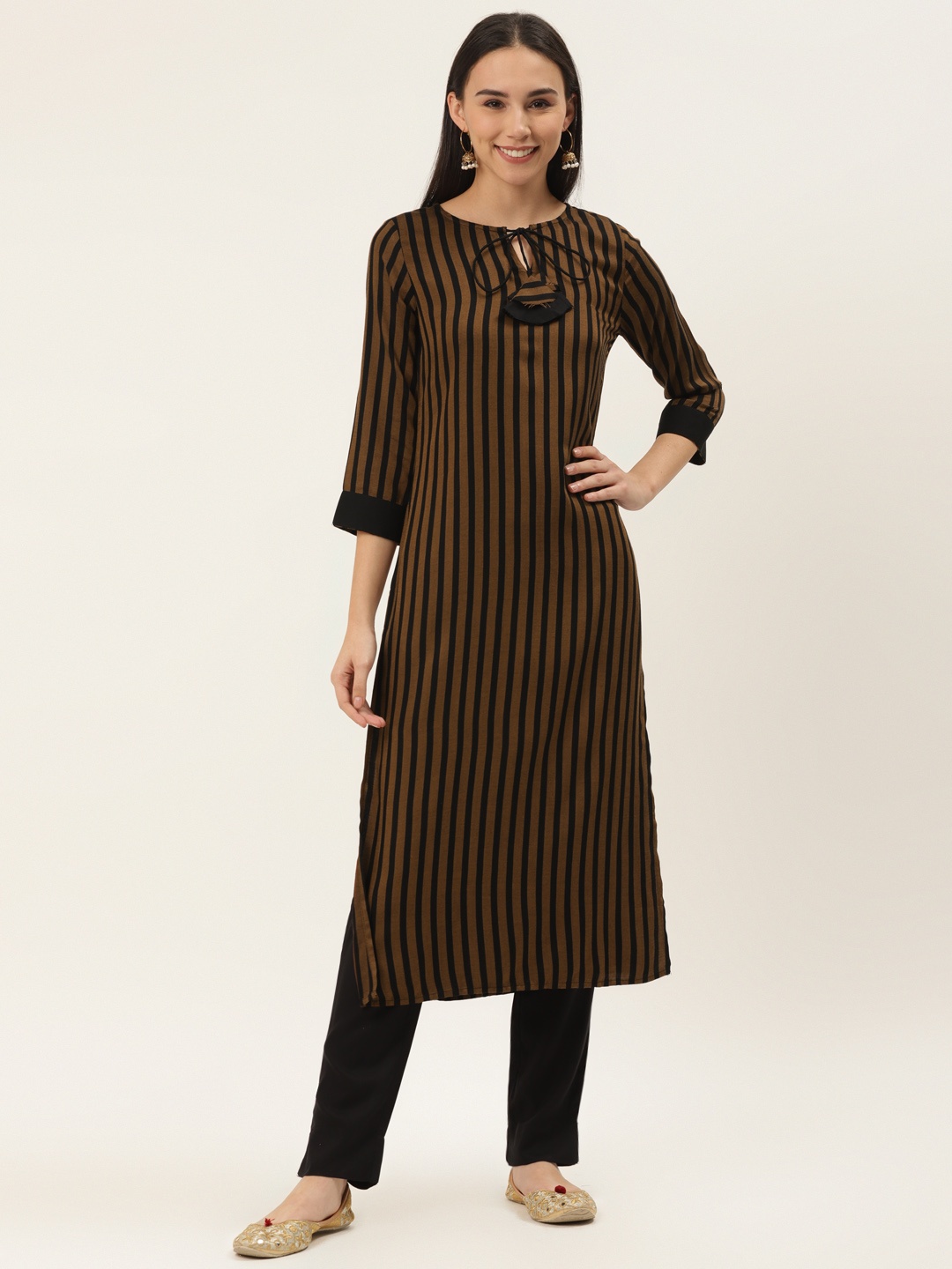 

Cottinfab Women Mustard Brown & Black Striped Kurta with Trousers