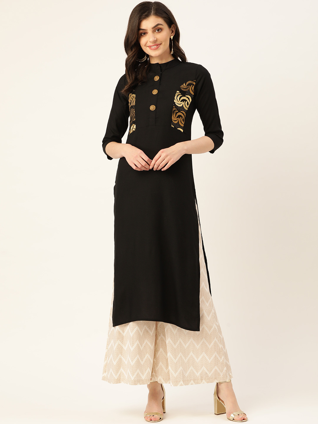 

Cottinfab Women Black & Golden Yoke Design Straight Kurta