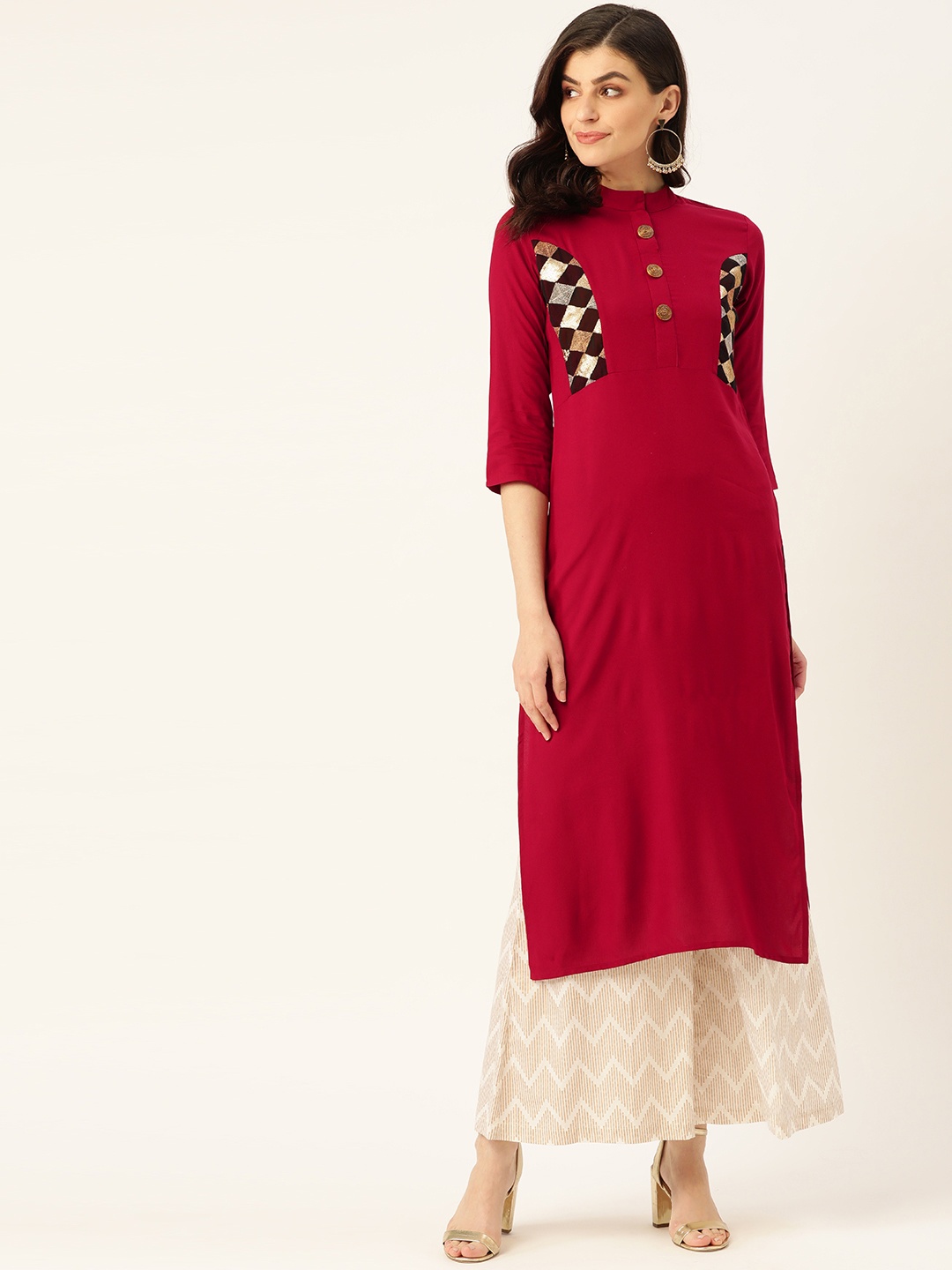 

Cottinfab Women Maroon & Golden Yoke Design Straight Kurta