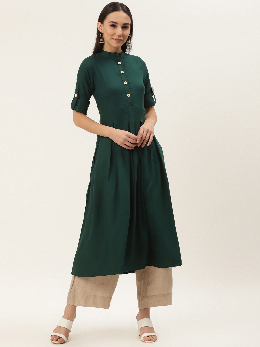 

Cottinfab Women Green Solid A-Line Kurta