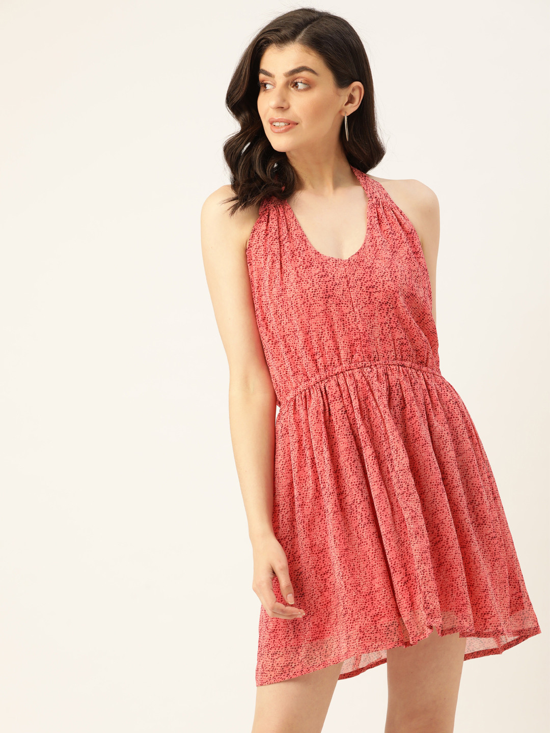 

Sera Women Coral Orange Printed A-Line Dress