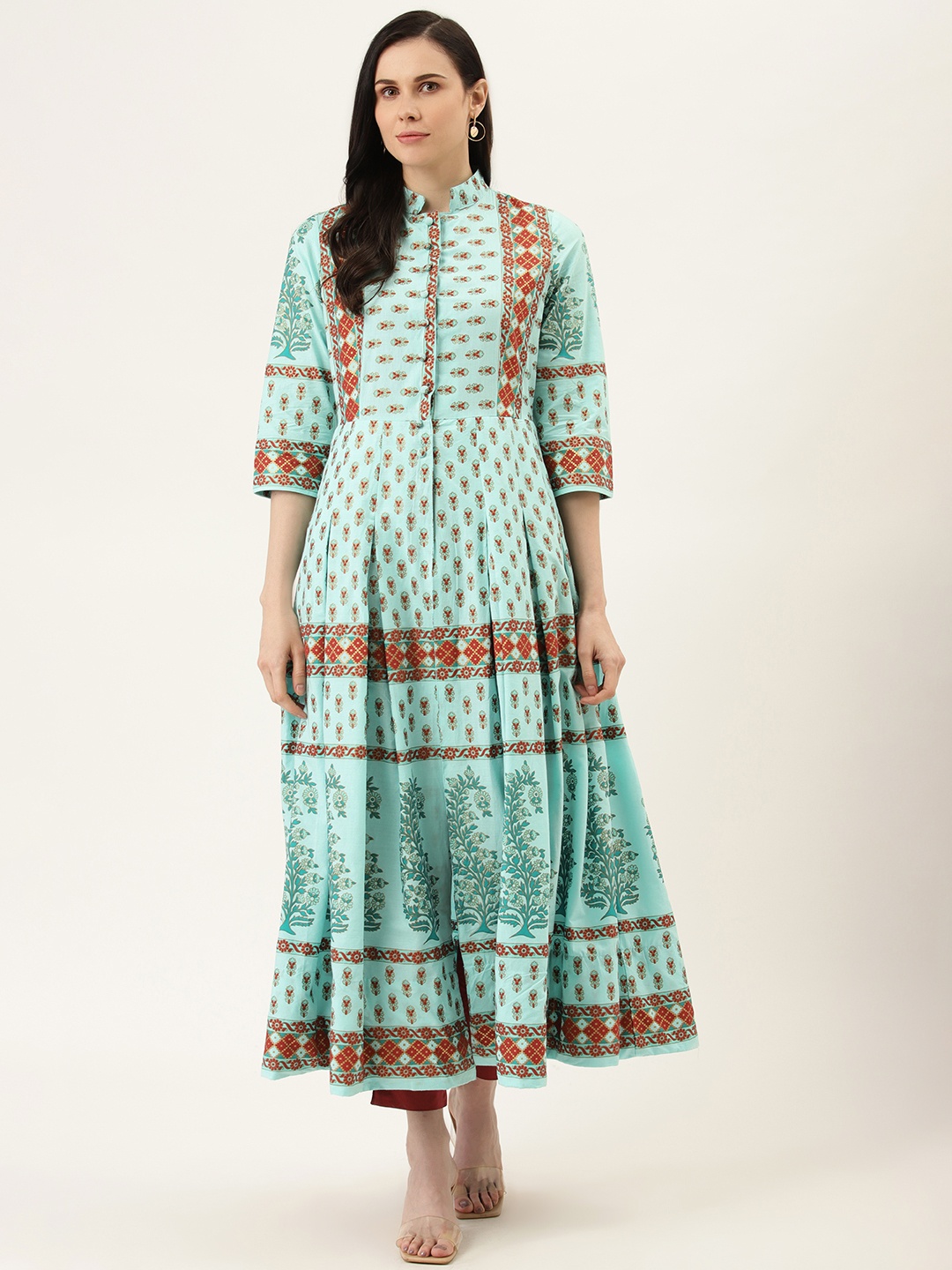 

Sera Women Sea Green & Red Pure Cotton Floral Printed A-Line Pleated Kurta