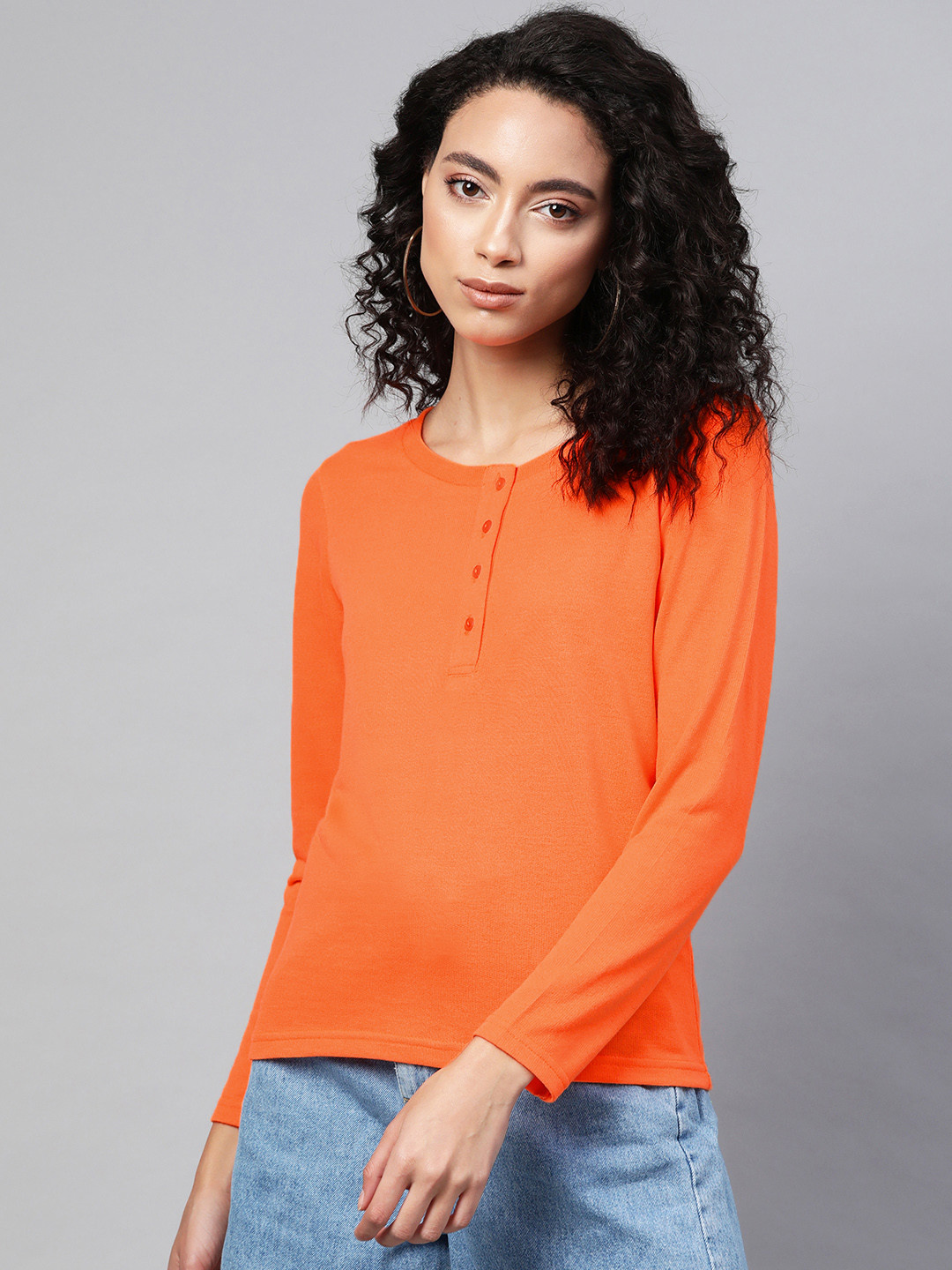 

SASSAFRAS Women Neon Orange Solid Henley Neck T-shirt