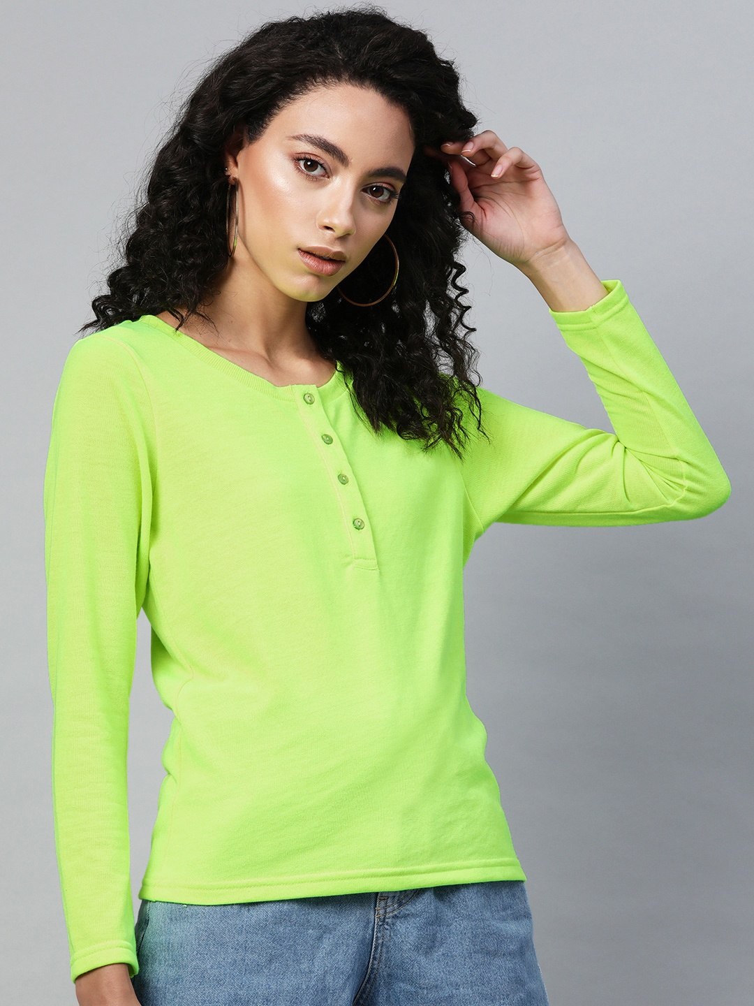 

SASSAFRAS Women Fluorescent Green Solid Henley Neck T-shirt