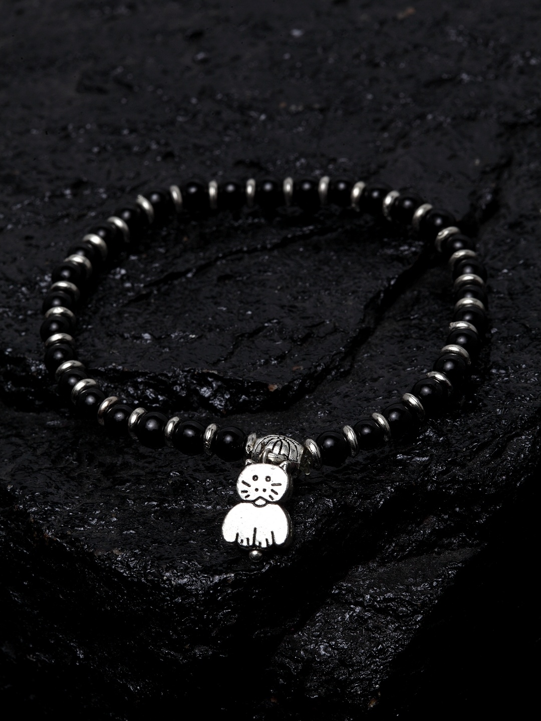 

PANASH Oxidized Silver-Plated Black Beaded Handcrafted Anklet