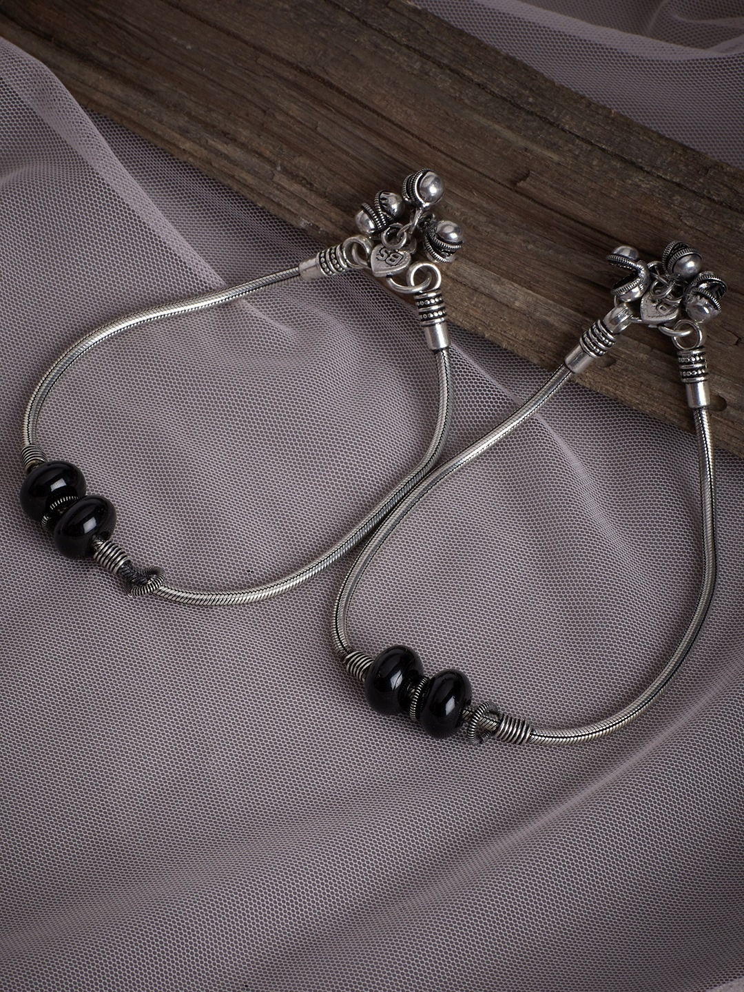 

PANASH Set Of 2 Oxidized Silver-Plated & Black Beaded Anklets