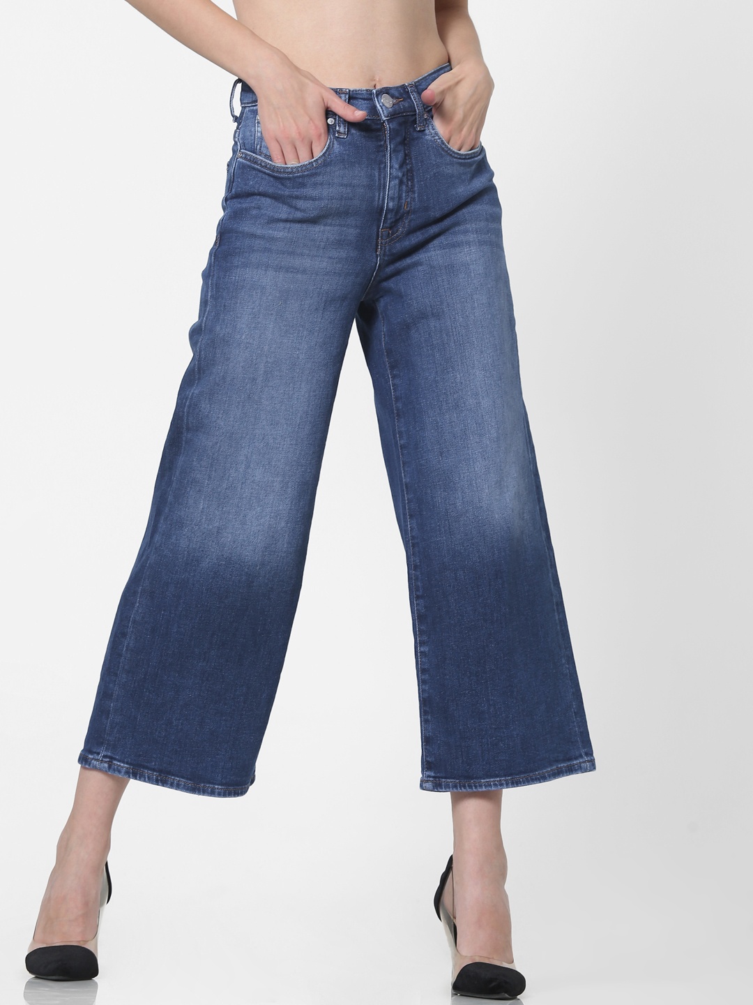 

ONLY Women Blue Madison Wide Leg High-Rise Clean Look Stretchable Cropped Jeans
