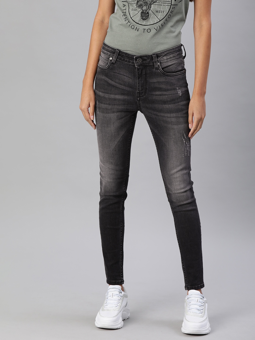 

ONLY Women Black Skinny Fit Mid-Rise Mildly Distressed Stretchable Jeans