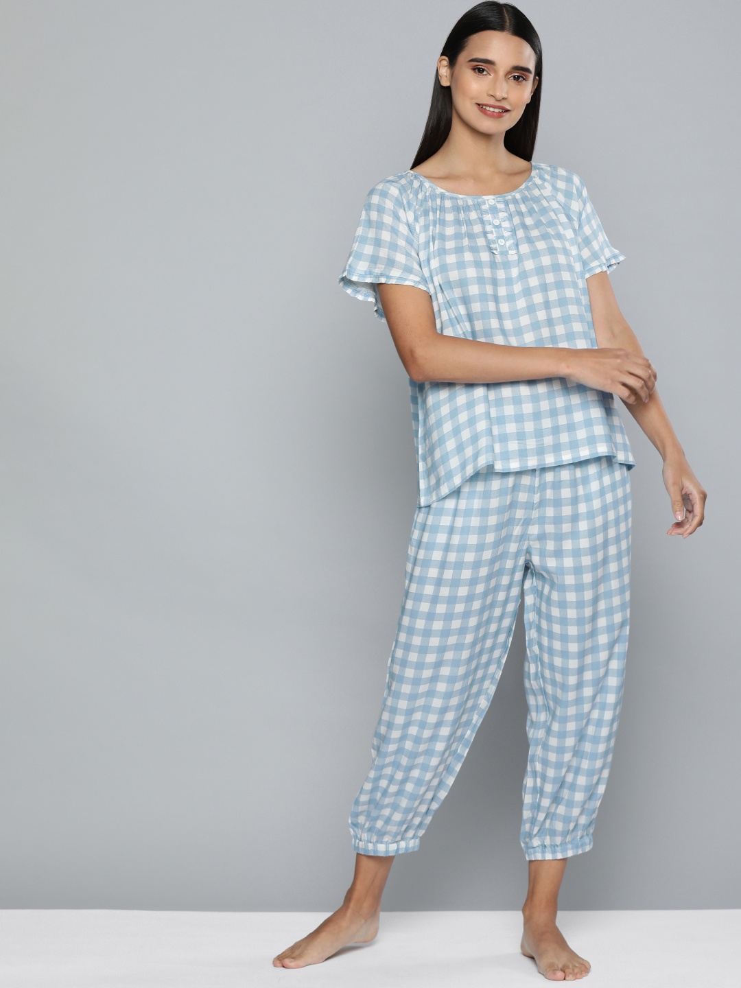 

Chemistry Women Blue & White Checked Night suit