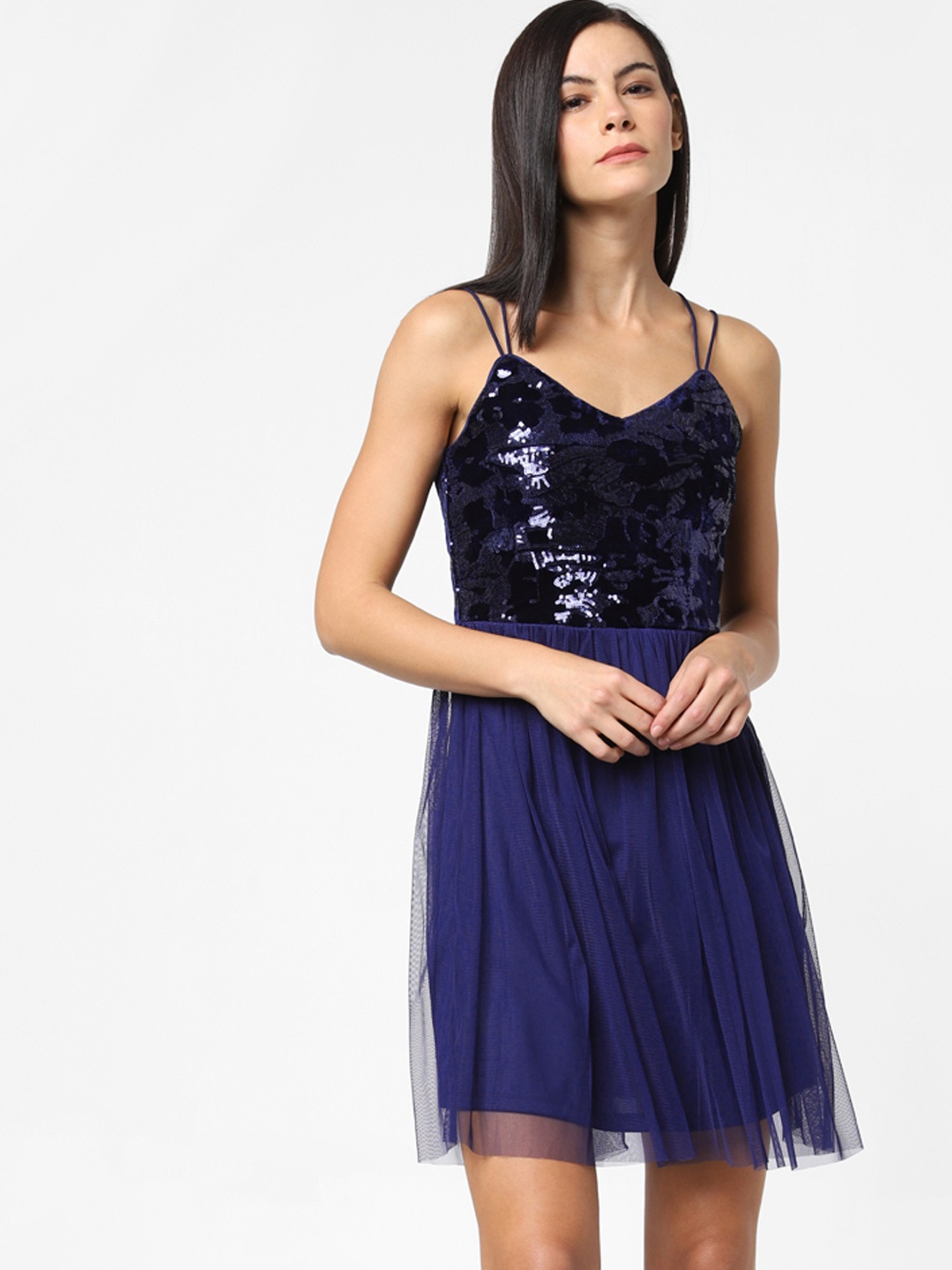 

ONLY Women Navy Blue Embellished Velvet Fit and Flare Dress