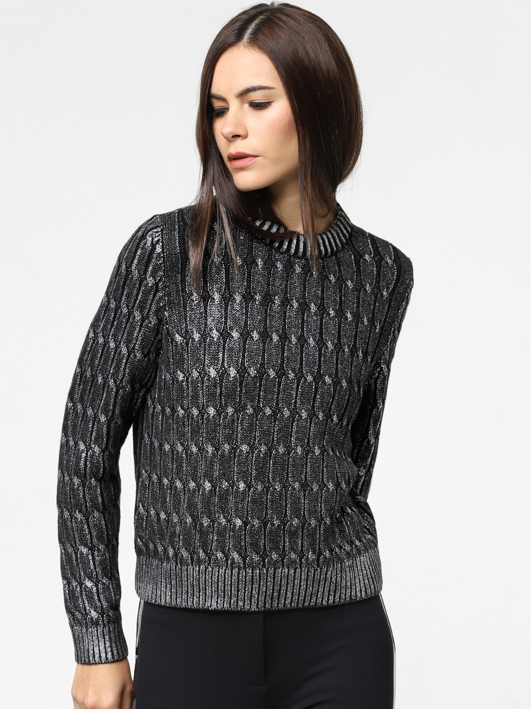 

ONLY Women Black & Silver-Toned Self Design Pullover Sweater