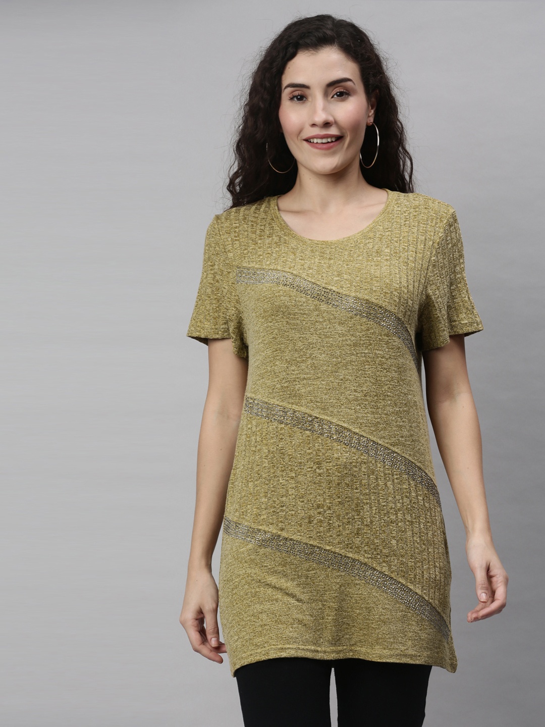 

RHHENSO Women Olive Self Design Longline Vegan T-shirt