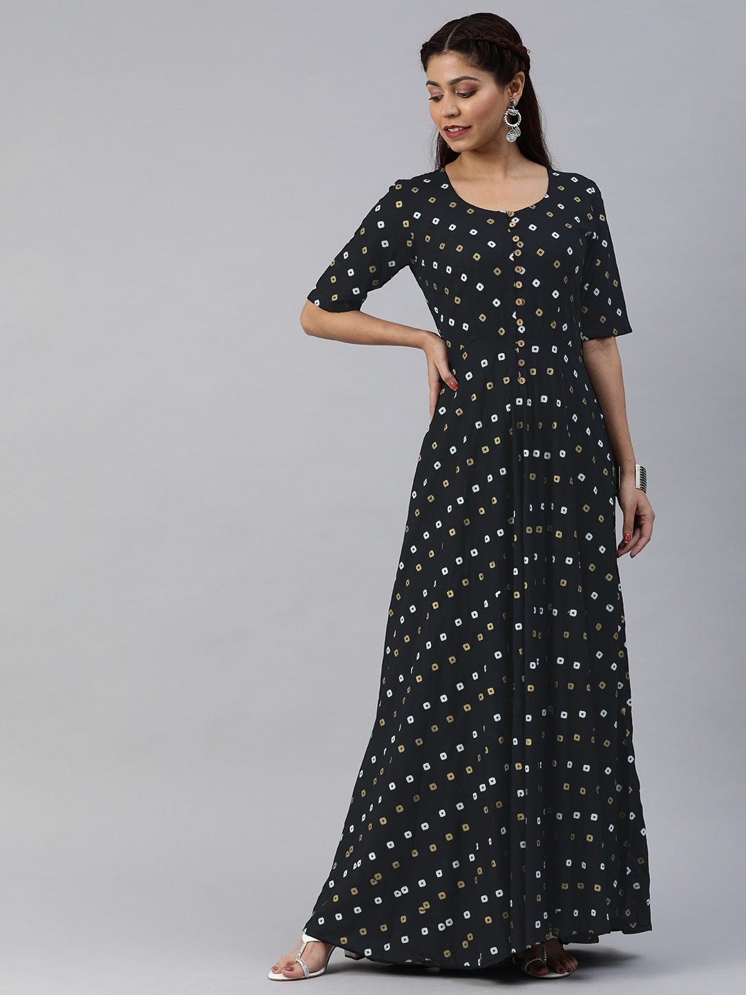 

Swishchick Women Black Bandhani Printed Maxi Dress