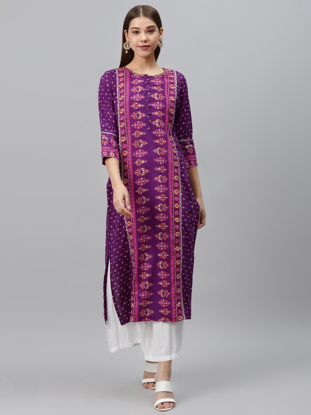 

Rain & Rainbow Women Purple & Pink Pure Cotton Screen Printed Straight Kurta