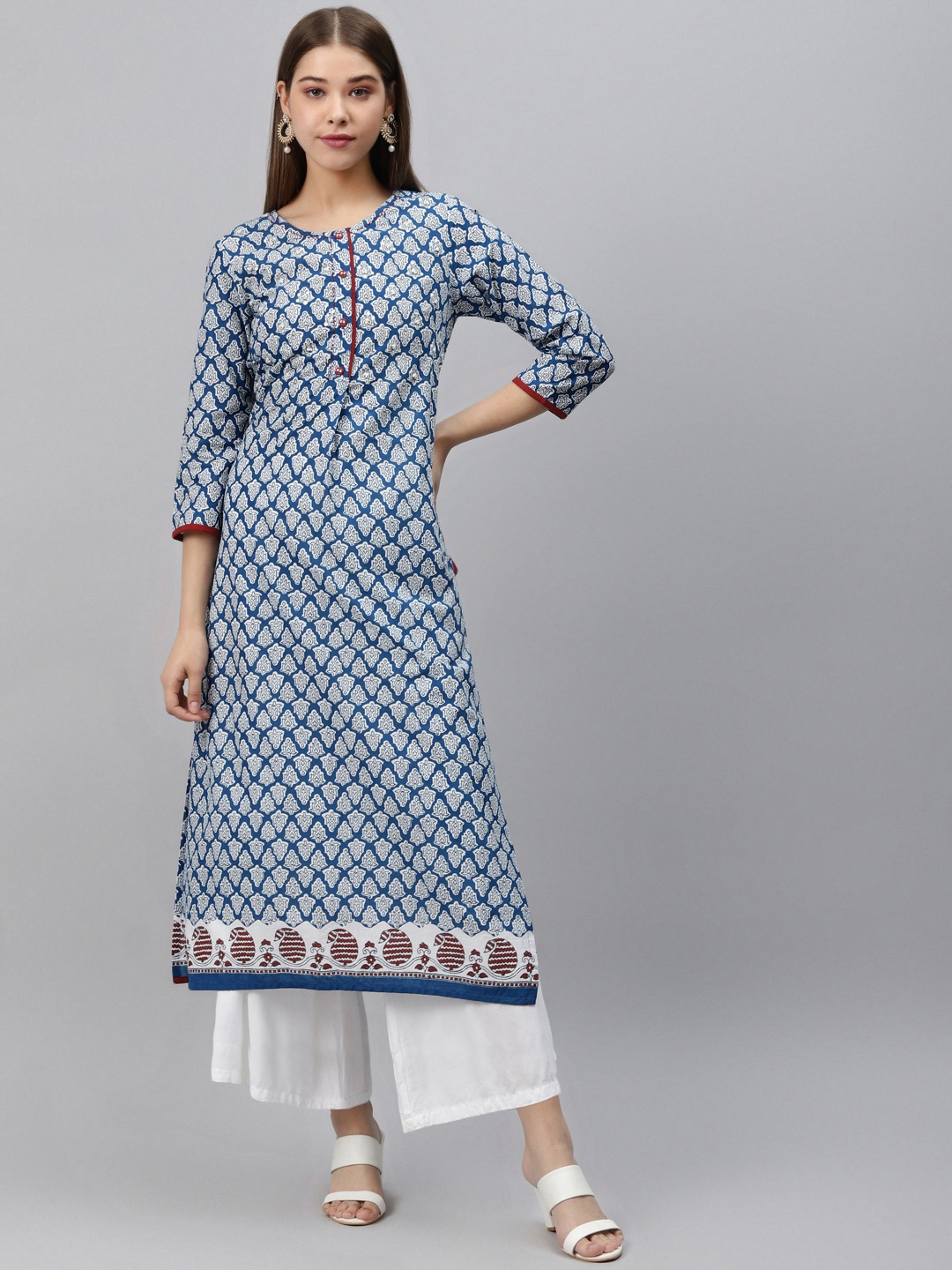 

Rain & Rainbow Women Blue & White Pure Cotton Pleated Screen Printed Straight Kurta