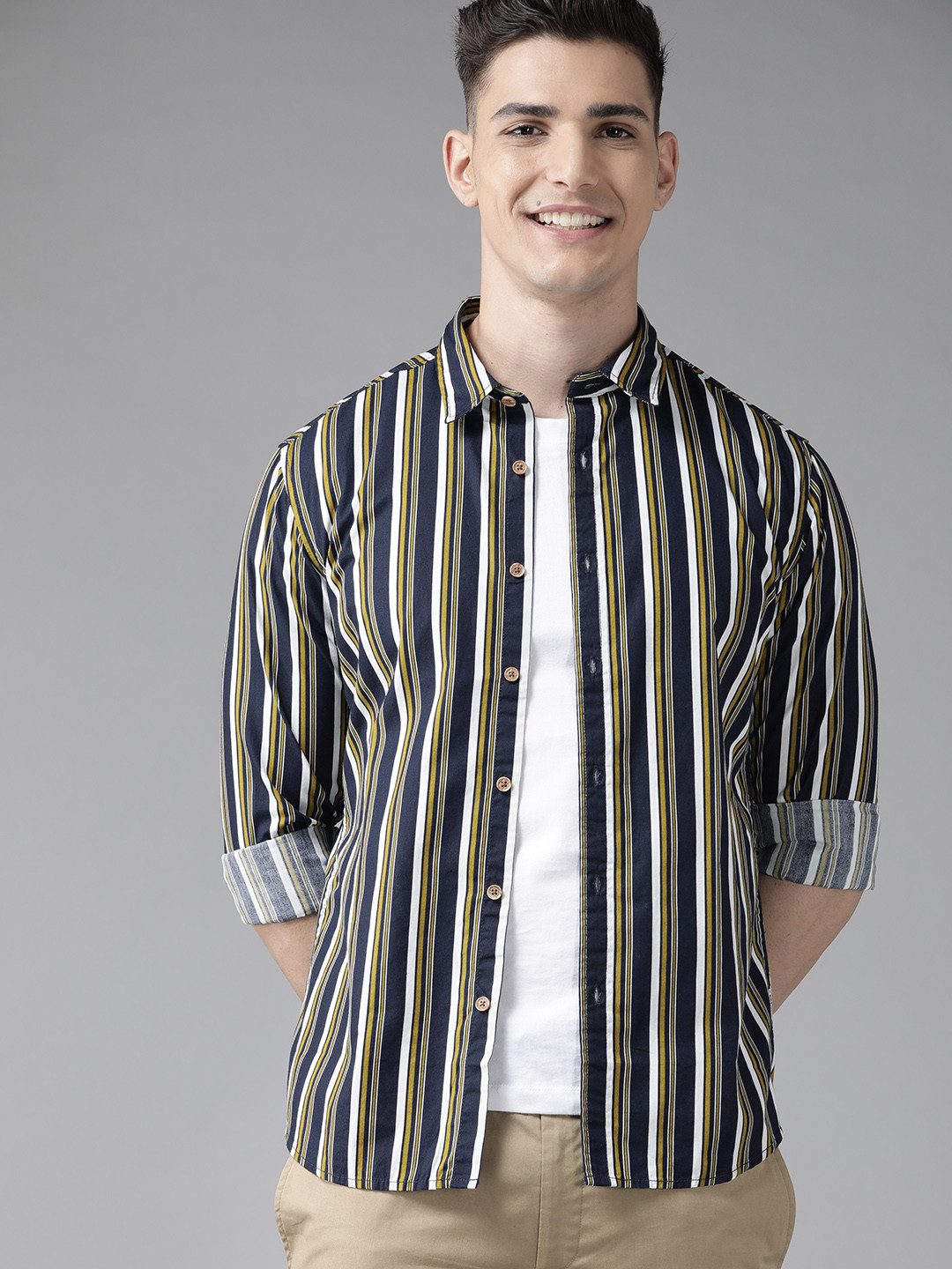 

BEAT LONDON by PEPE JEANS Men Navy Blue & Green Pure Cotton Slim Fit Striped Casual Shirt