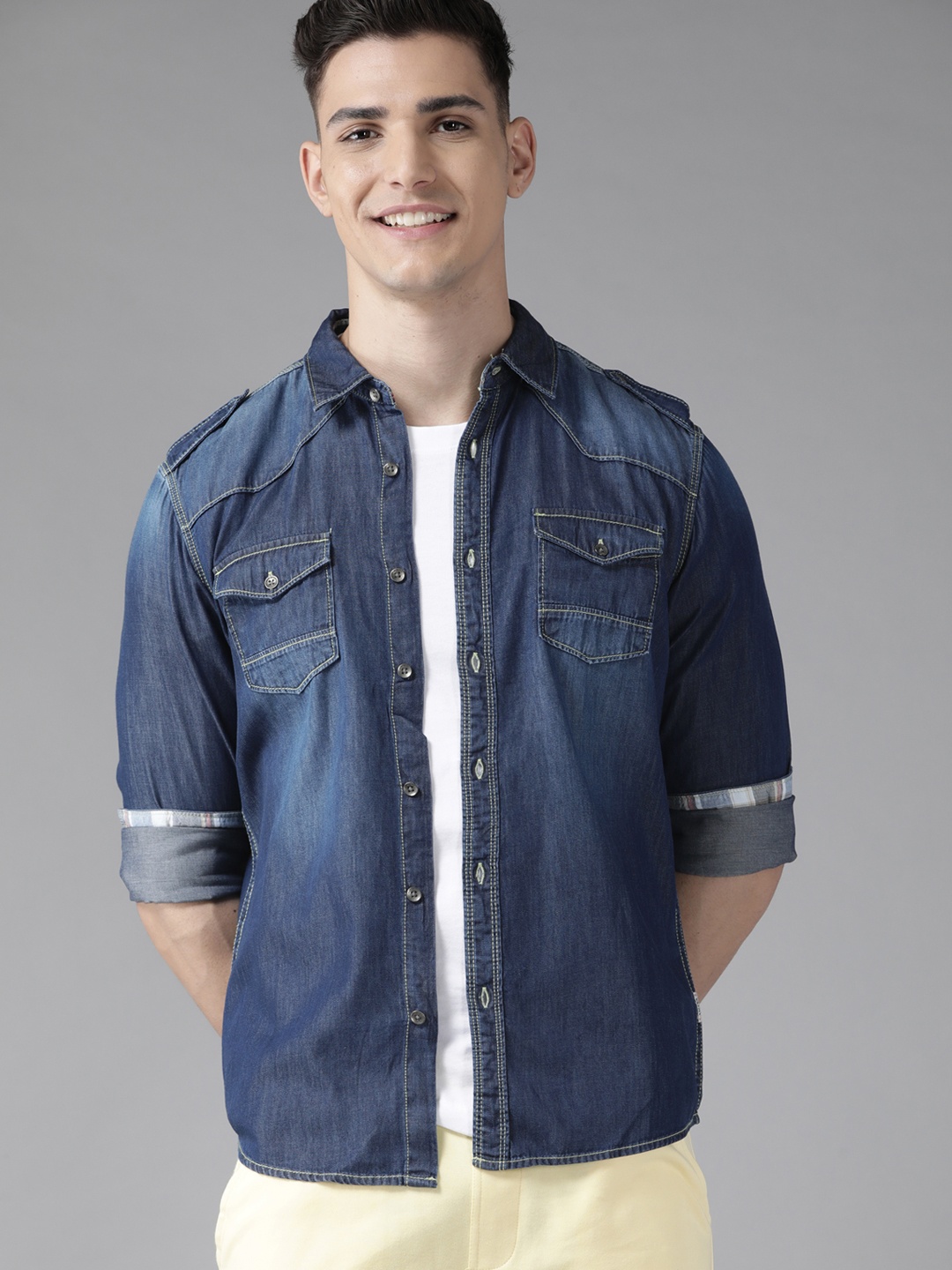 

BEAT LONDON by PEPE JEANS Men Navy Blue Solid Pure Cotton Slim Fit Chambray Shirt