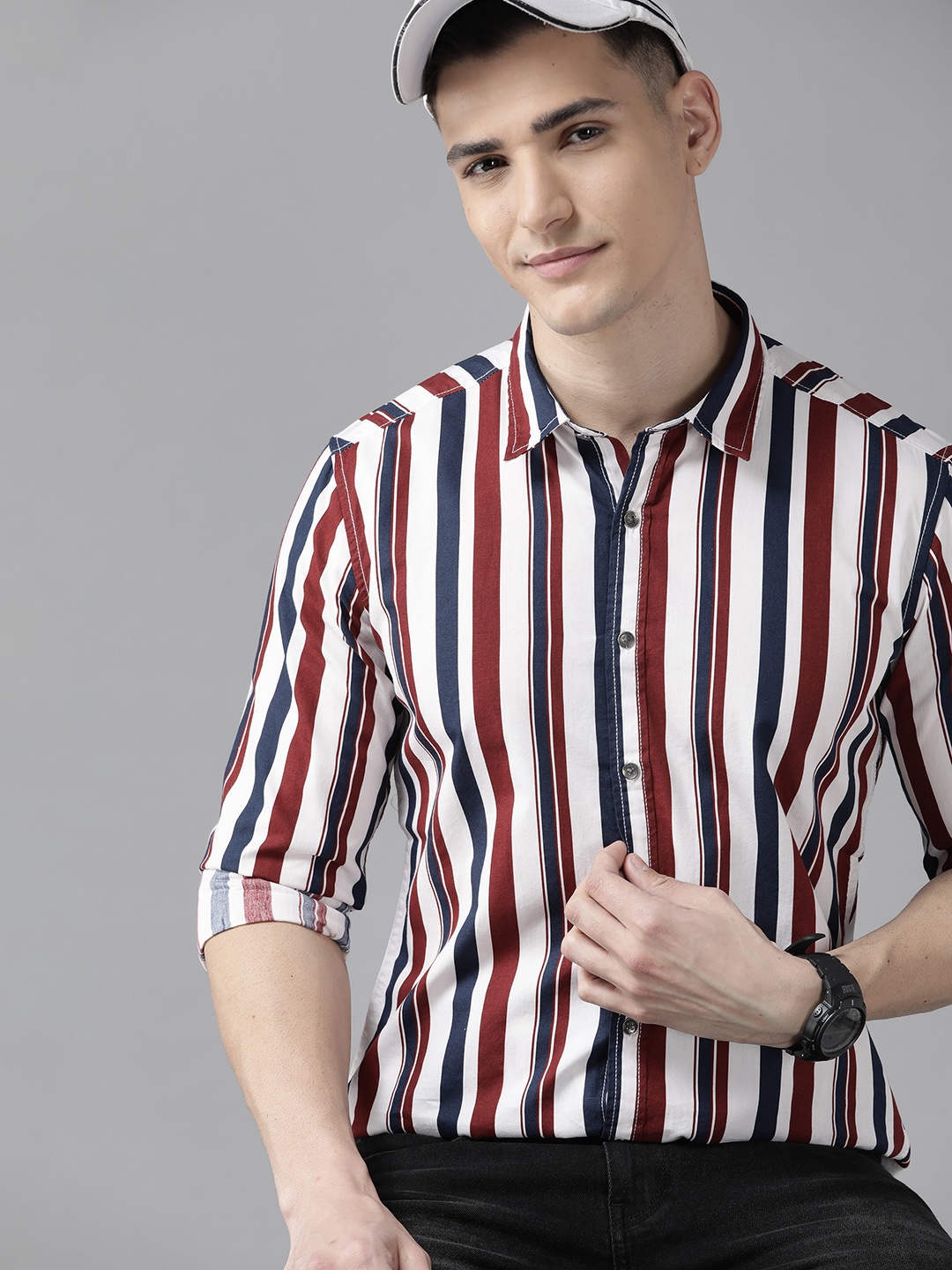 

BEAT LONDON by PEPE JEANS Men Red & White Pure Cotton Slim Fit Striped Casual Shirt