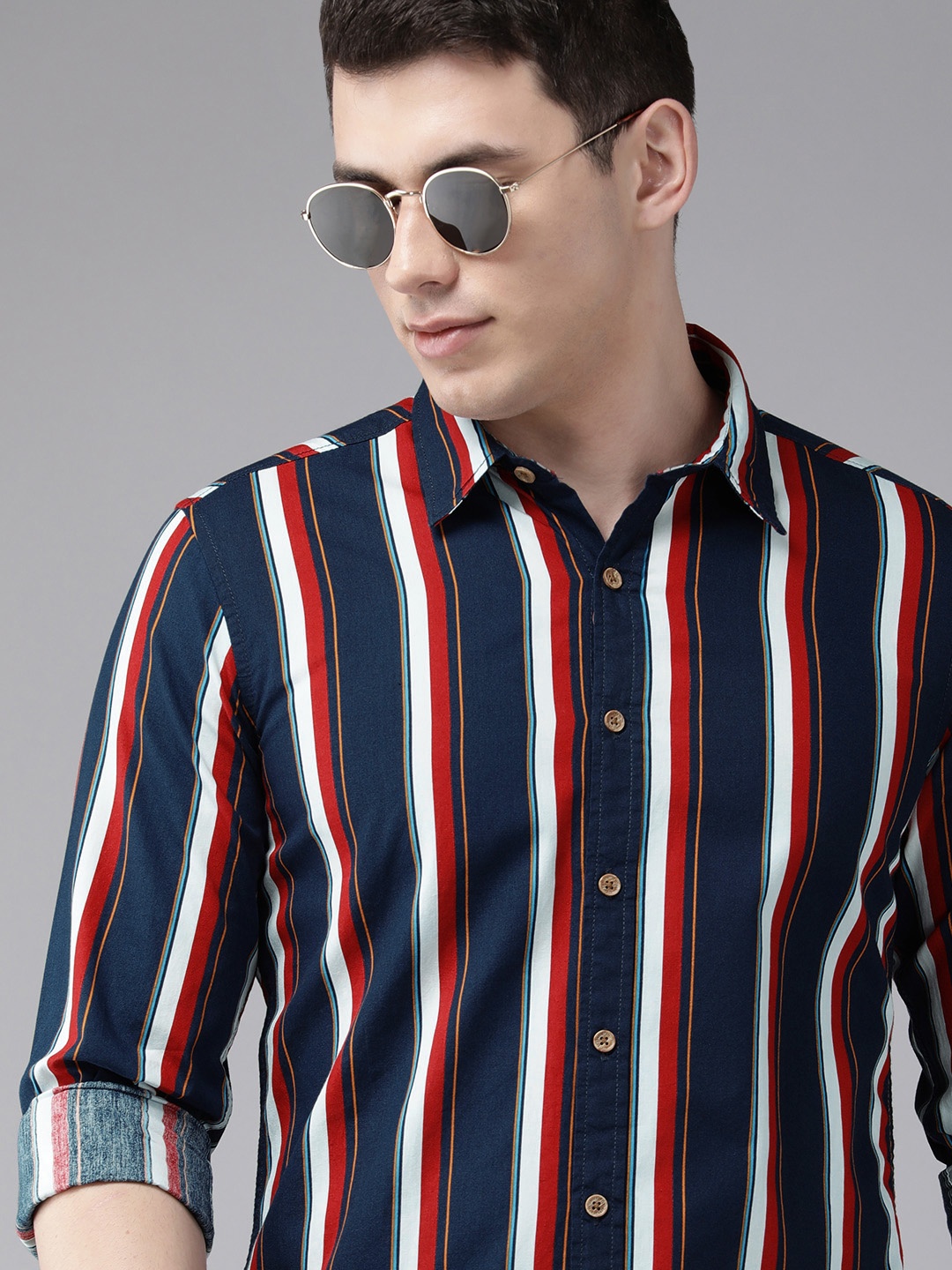 

BEAT LONDON by PEPE JEANS Men Navy Blue & White Striped Pure Cotton Casual Shirt