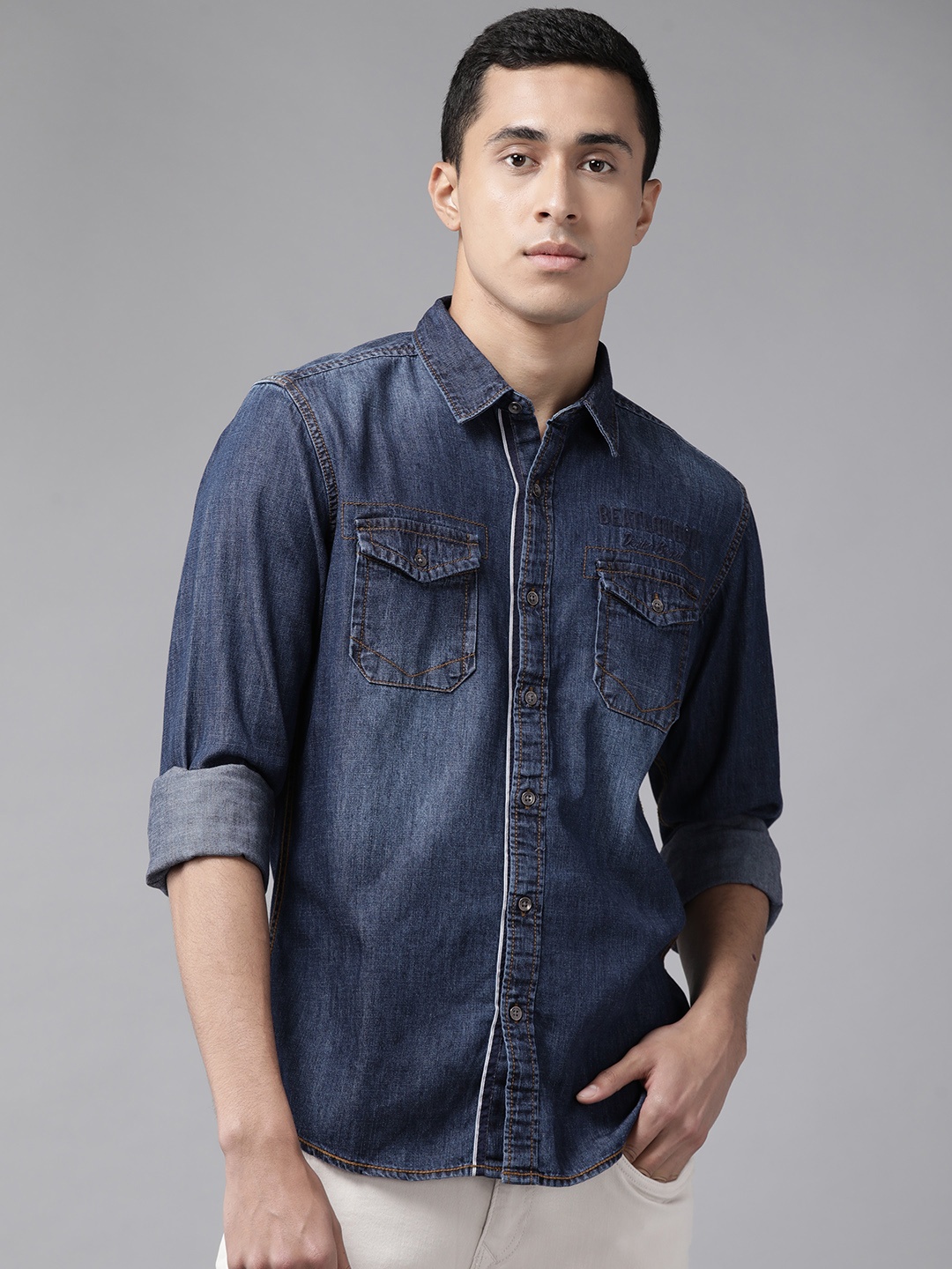 

BEAT LONDON by PEPE JEANS Men Navy Blue Solid Casual Pure Cotton Denim Shirt