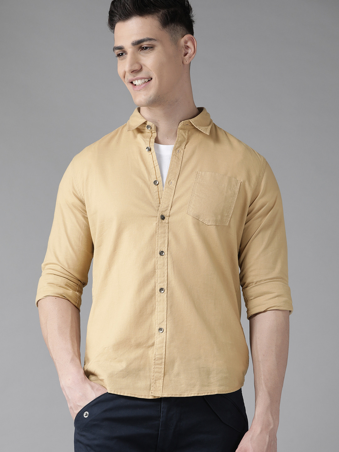 

BEAT LONDON by PEPE JEANS Men Khaki Pure Cotton Slim Fit Casual Shirt