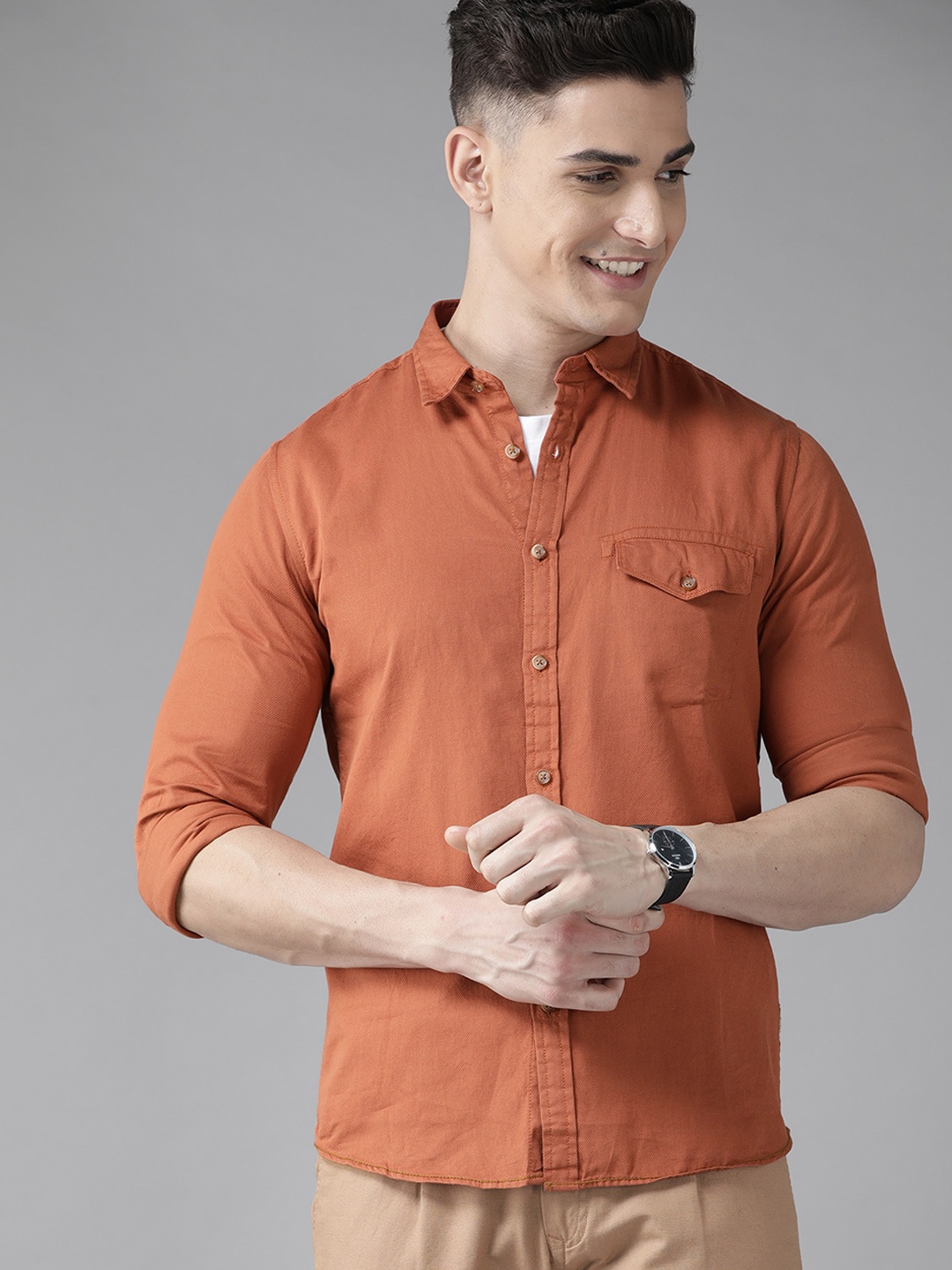 

BEAT LONDON by PEPE JEANS Men Rust Red Slim Fit Solid Pure Cotton Shirt