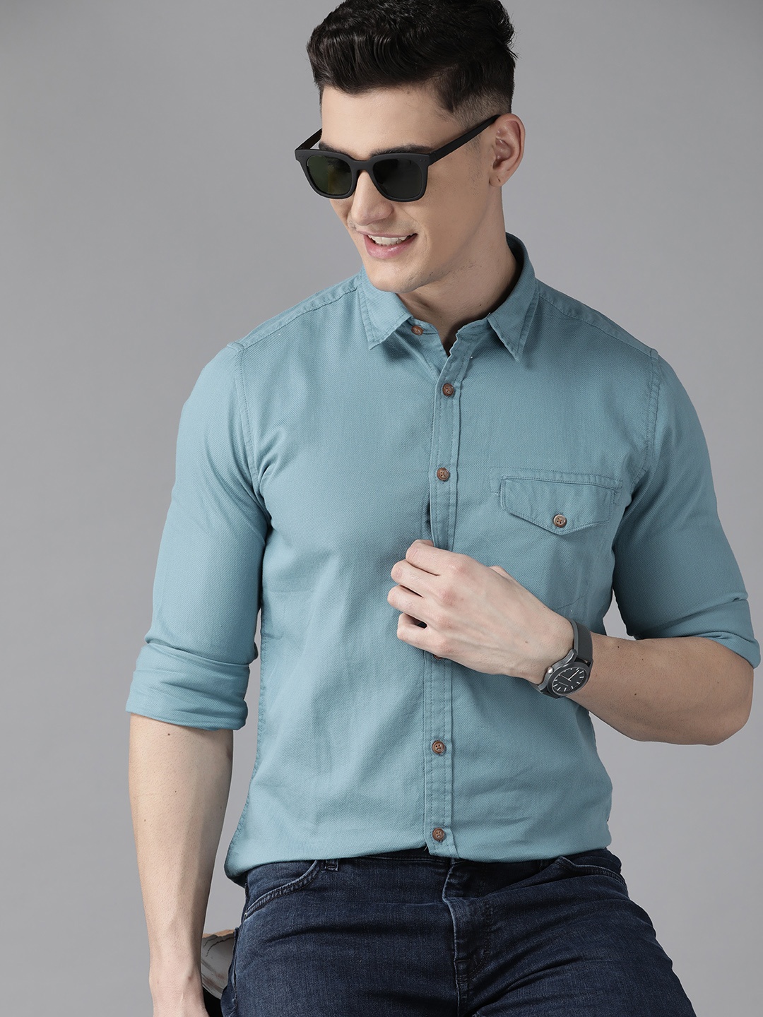 

BEAT LONDON by PEPE JEANS Men Teal Blue Solid Pure Cotton Slim Fit Casual Shirt