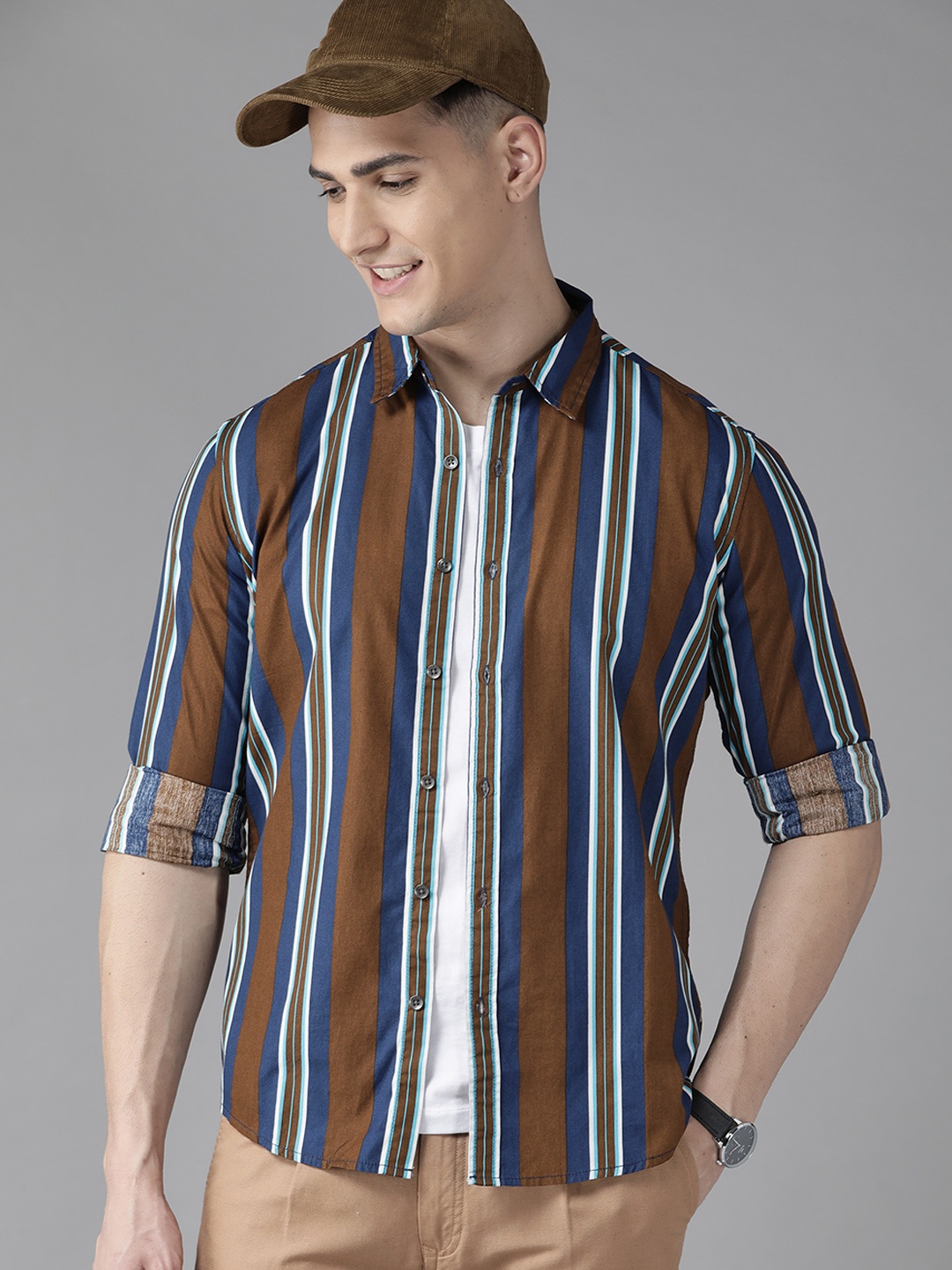 

BEAT LONDON by PEPE JEANS Men Brown & Navy Blue Slim Fit Striped Pure Cotton Shirt