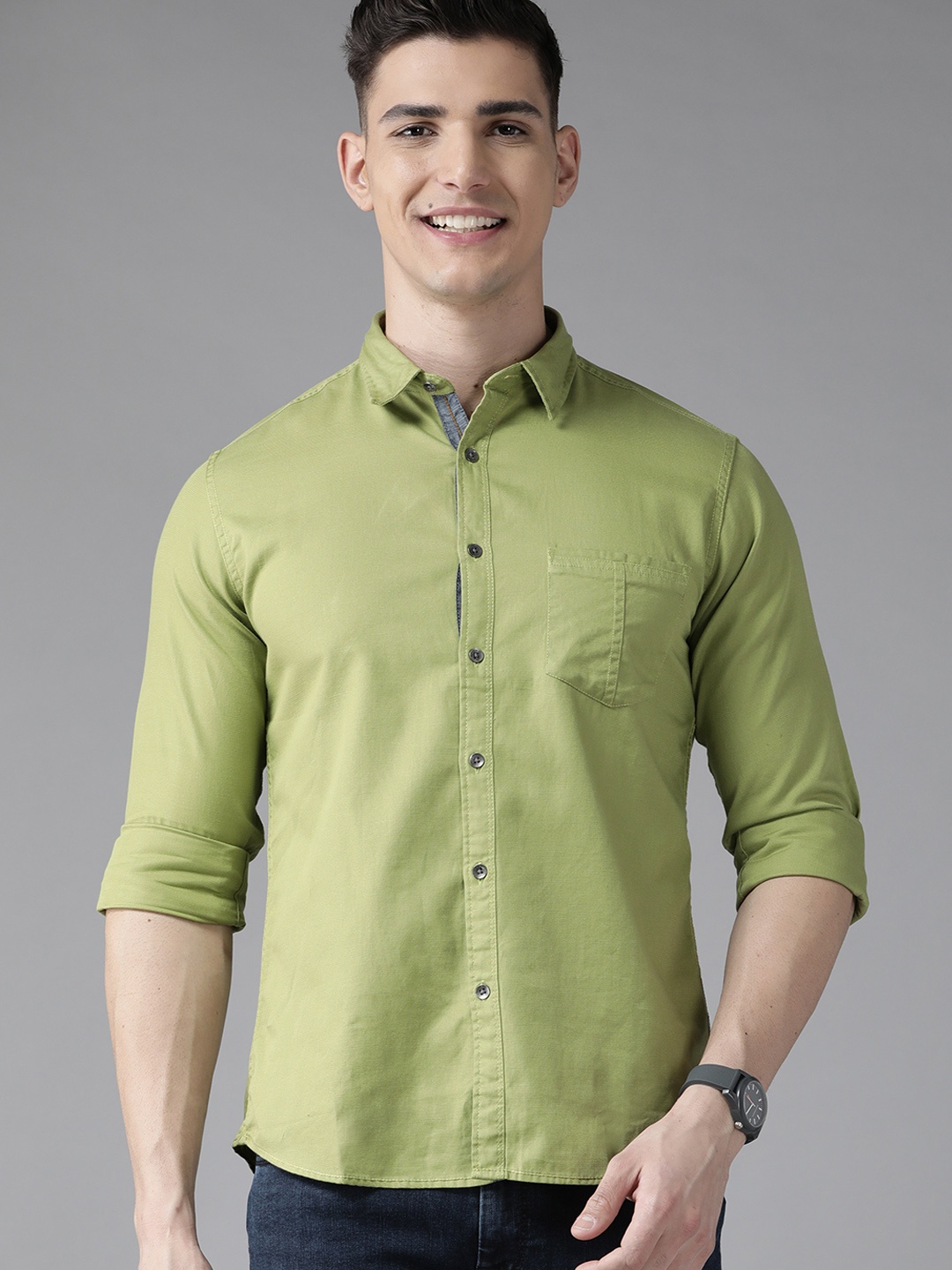 

BEAT LONDON by PEPE JEANS Men Green Slim Fit Solid Pure Cotton Shirt
