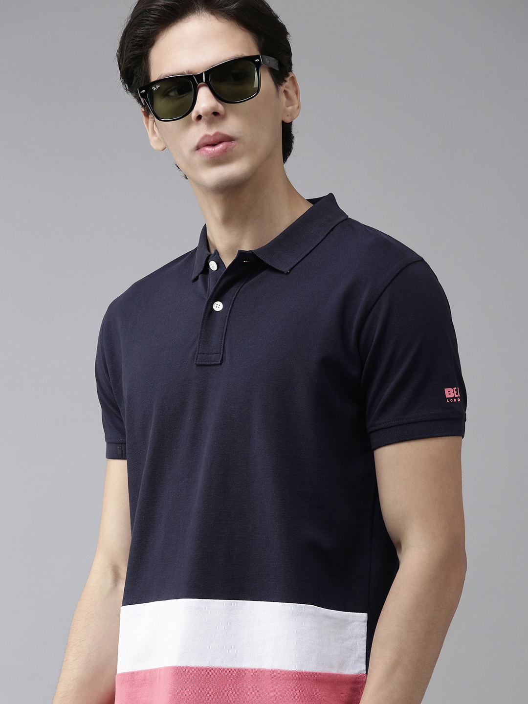 

BEAT LONDON by PEPE JEANS Men Blue & White Pure Cotton Polo Collar T-shirt