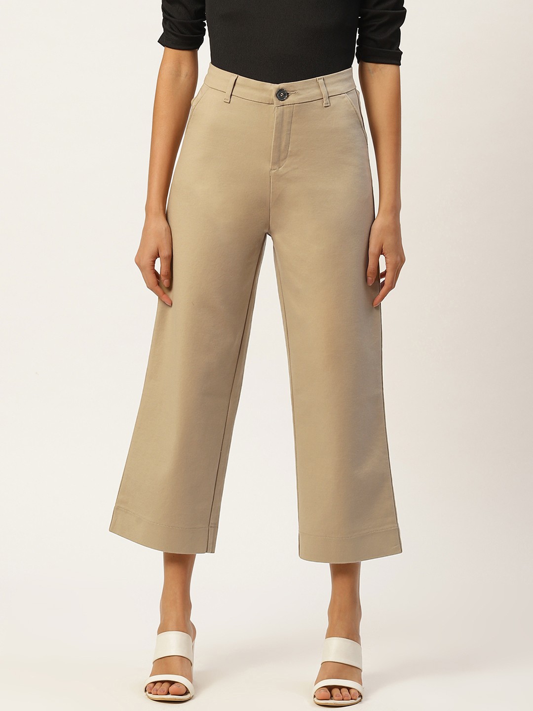 

Xpose Women Camel Brown Solid High Rise Cropped Parallel Trousers