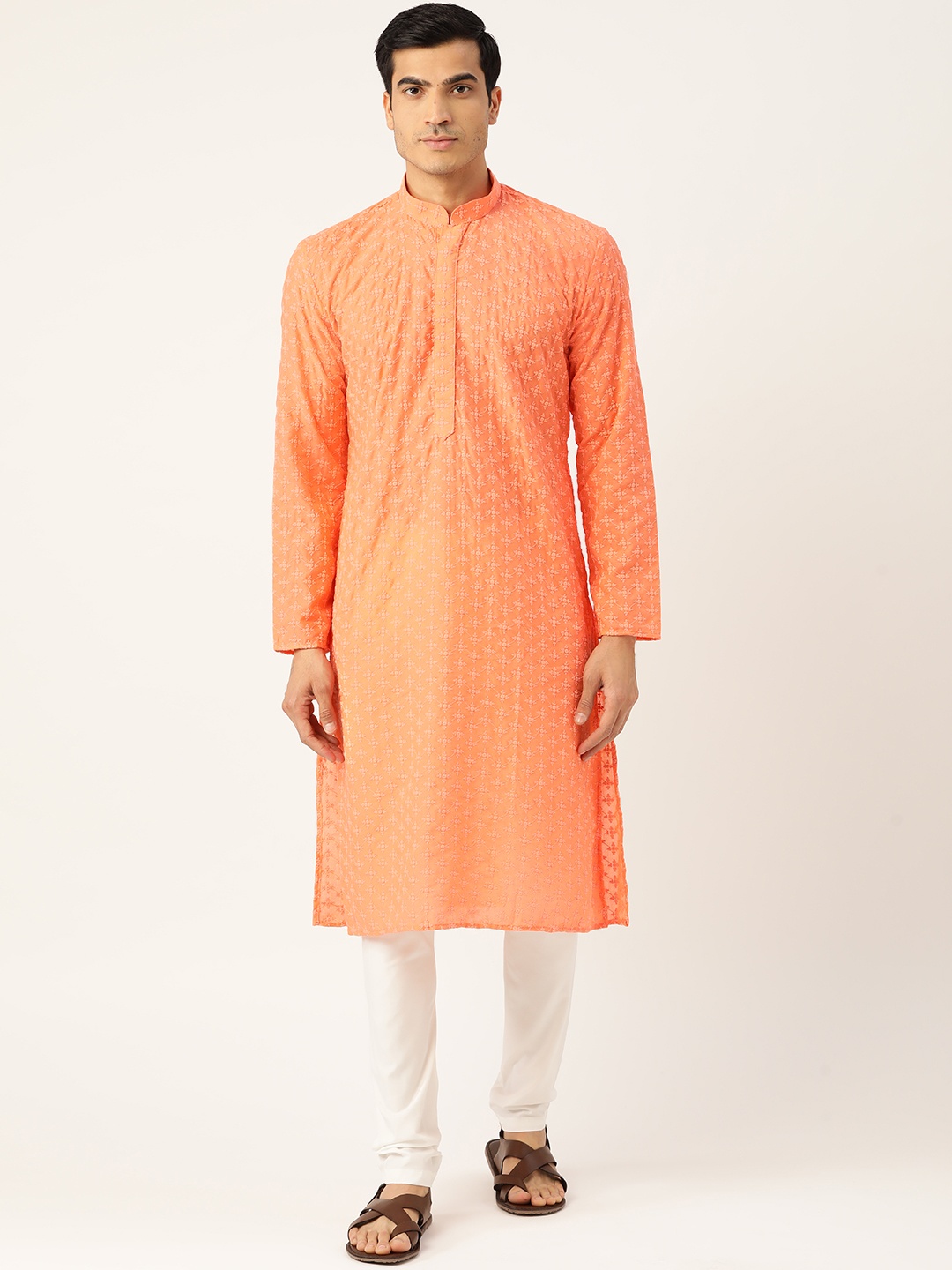 

RAJUBHAI HARGOVINDAS Men Peach-Coloured & White Embroidered Kurta with Churidar