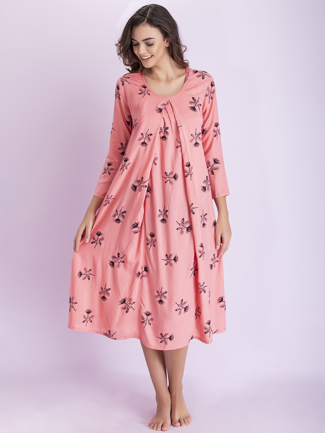 

Clovia Women Pink & Black Floral Printed Maternity Or Feeding Nightdress