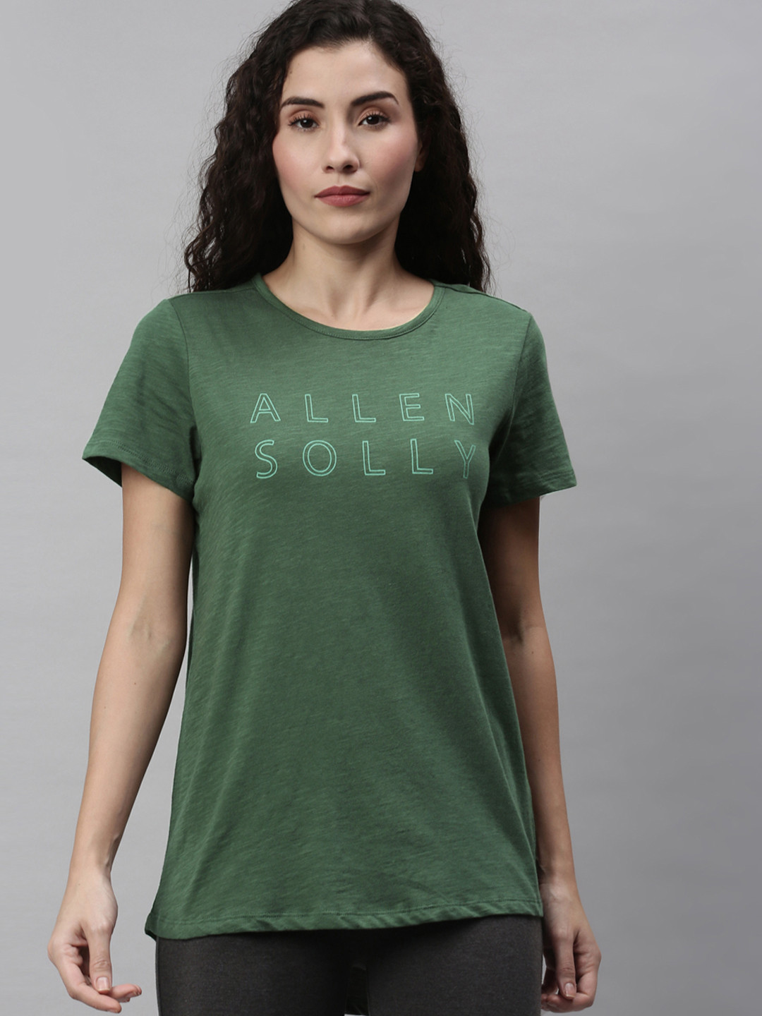 

Allen Solly Woman Olive Green Brand Logo Printed Longline Cotton Lounge T-shirt