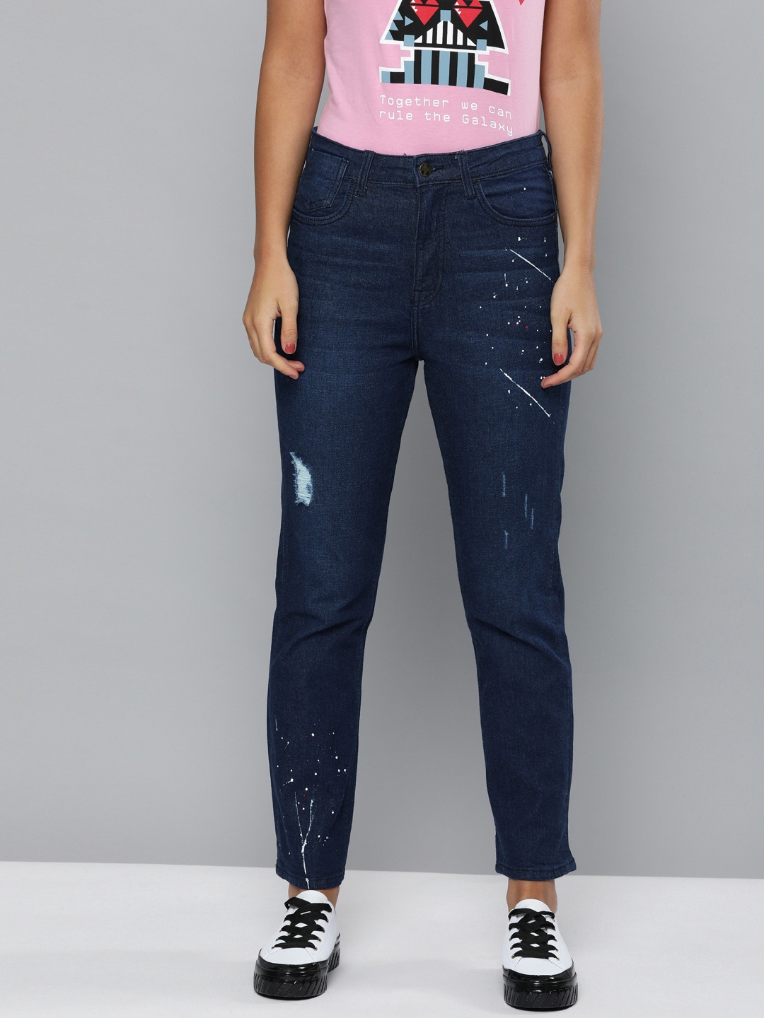 

Kook N Keech Women Navy Blue Regular Fit Mid-Rise Low Distress Stretchable Jeans