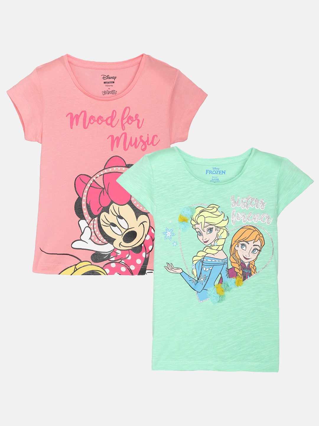 

Kids Ville Girls Pack Of 2 Disney Printed Round Neck Pure Cotton T-shirts, Pink