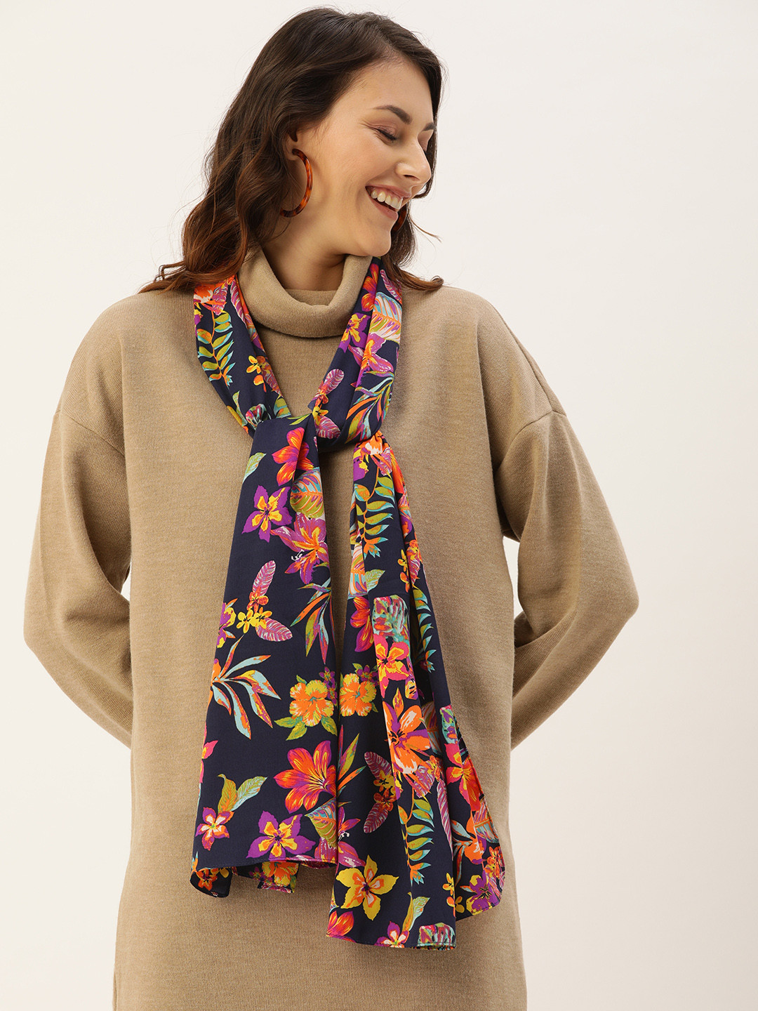 

DressBerry Women Navy Blue & Orange Printed Scarf