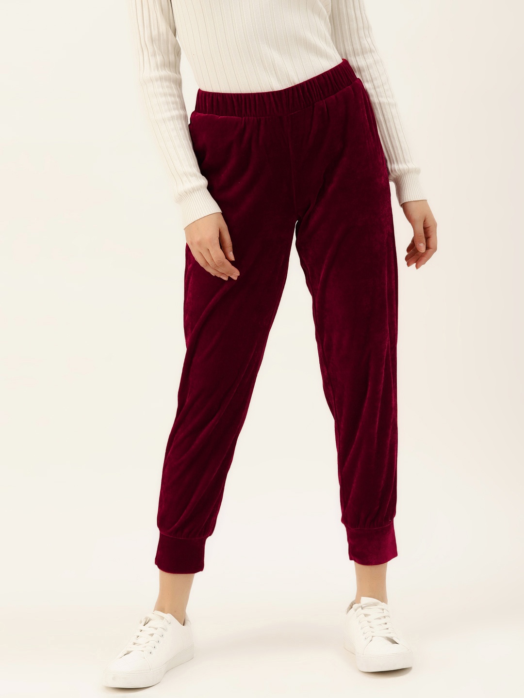 

Besiva Women Maroon Regular Fit Solid Cropped Joggers With Velvet Finish