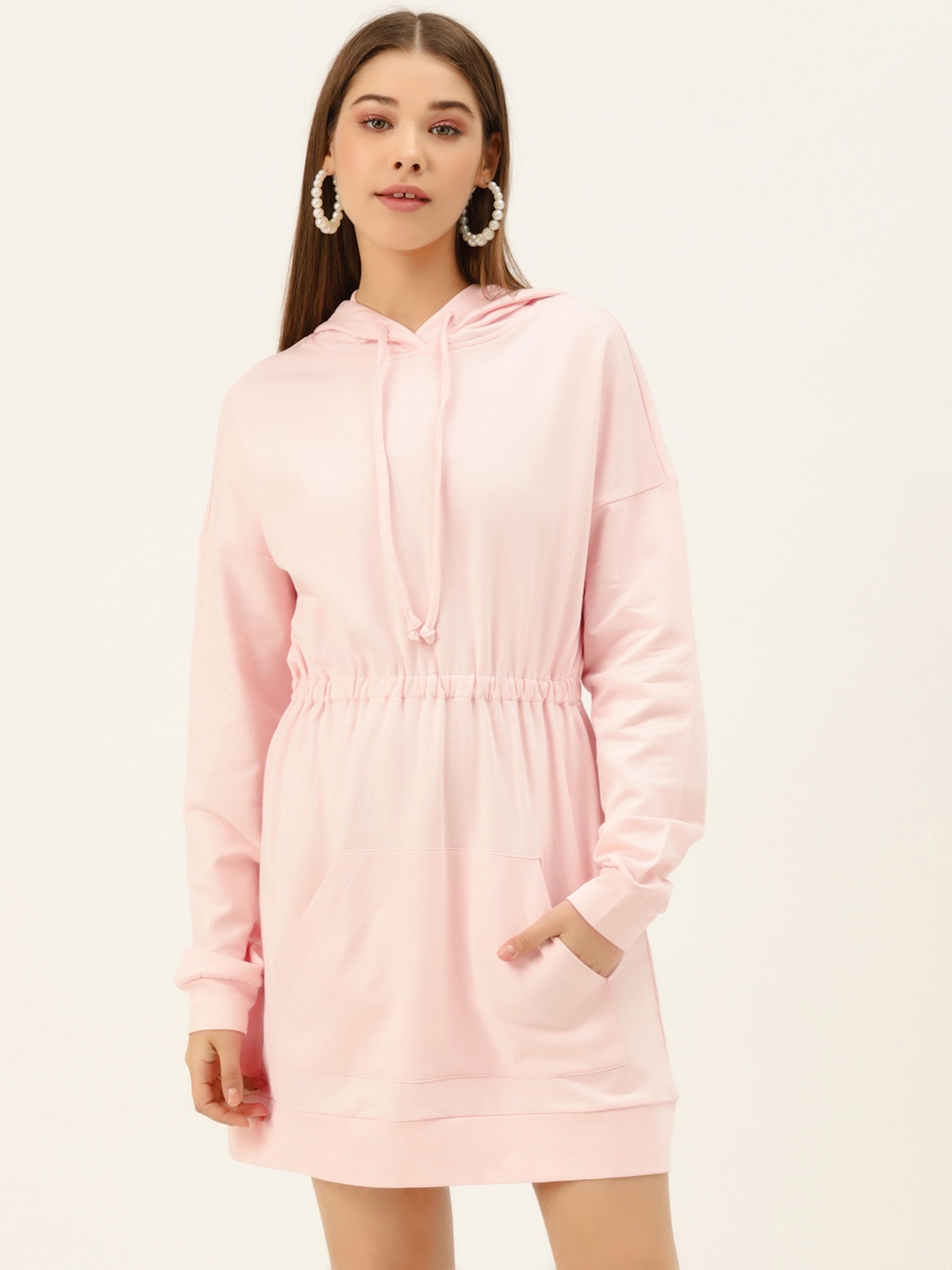 

Besiva Women Pink Pure Cotton Solid Hooded Sweatshirt Dress